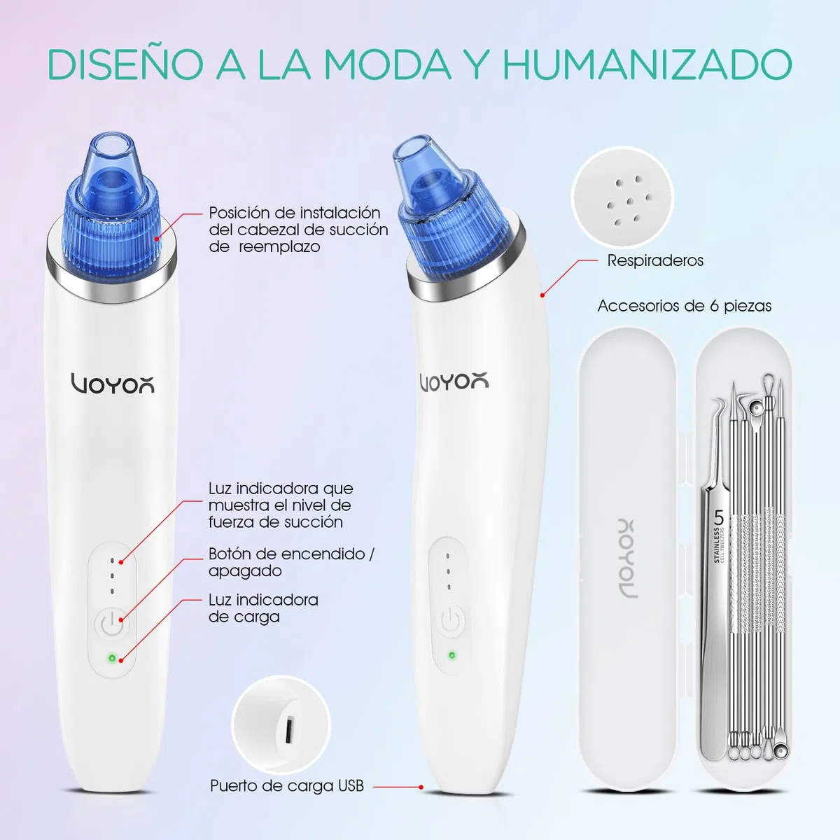 VOYOR Aspirador de Puntos Negros 6 Cabezas de Succión Recargable Herramienta para Limpiar Poros Eliminar Espinillas Comedones y Barros BR410