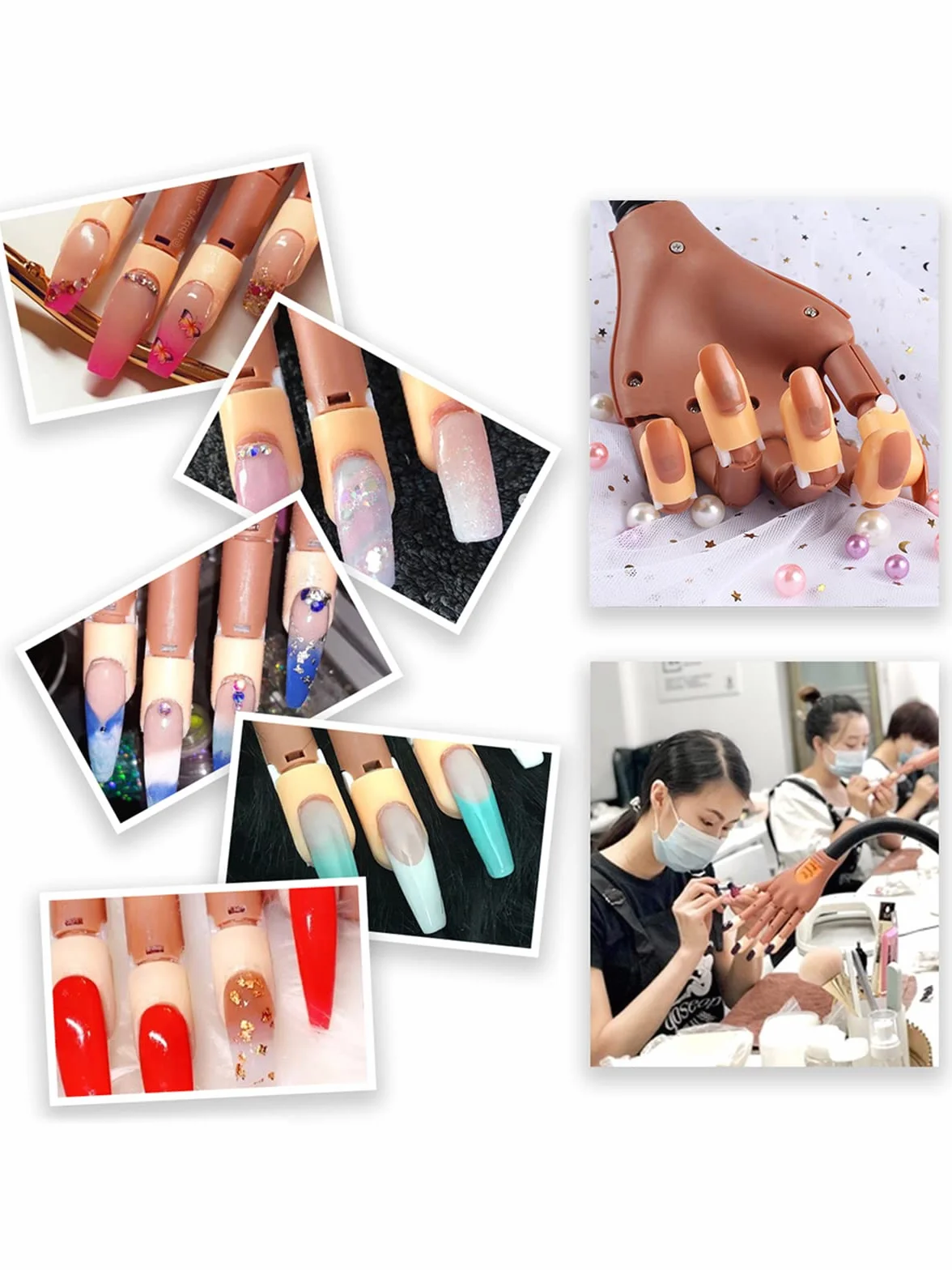 Deciniee Mano para Practicar Uñas, Mano de Practicas de Uñas y 300 Piezas de Uñas Acrilicas,Practicas Uñas Postizas Dedo de Practica Falsas Mano para Uñas Manicural, Decoración de Diamantes Imitación