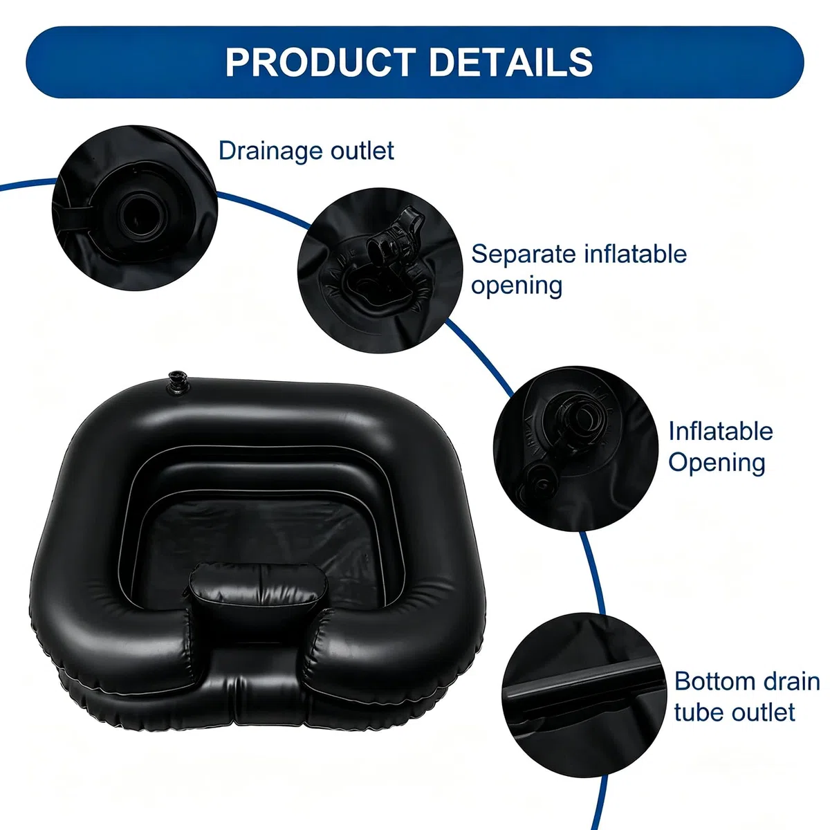 Lavacabezas Inflable de PVC Negro, Lavabo de Champú Portátil con Tubo de Desagüe 1 m, Cabezal de Ducha y Bolsa de Agua, Lavado de Cabello en Cama para Mayores, Embarazadas y Discapacitados