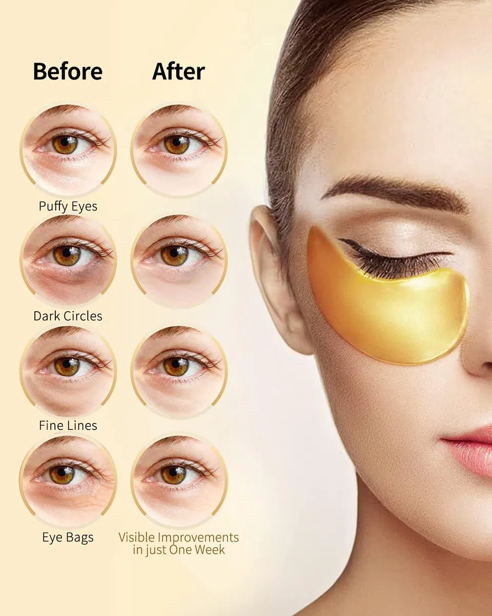 Parches para debajo de los ojos (24 pares) - Mascarillas gel ojos de oro de 24K Cuidado de la piel enriquecido con abundante colágeno, ácido hialurónico almohadillas