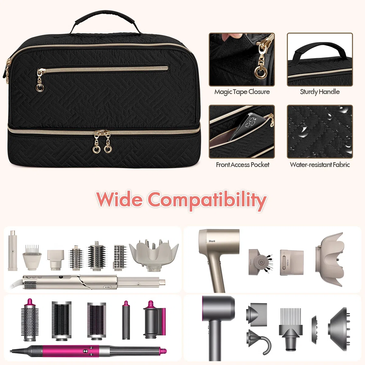 Teamoy Estuche de almacenamiento de viaje de doble capa compatible con secador de pelo Dyson, organizador portátil de gran capacidad para secador de pelo y accesorios, Negro