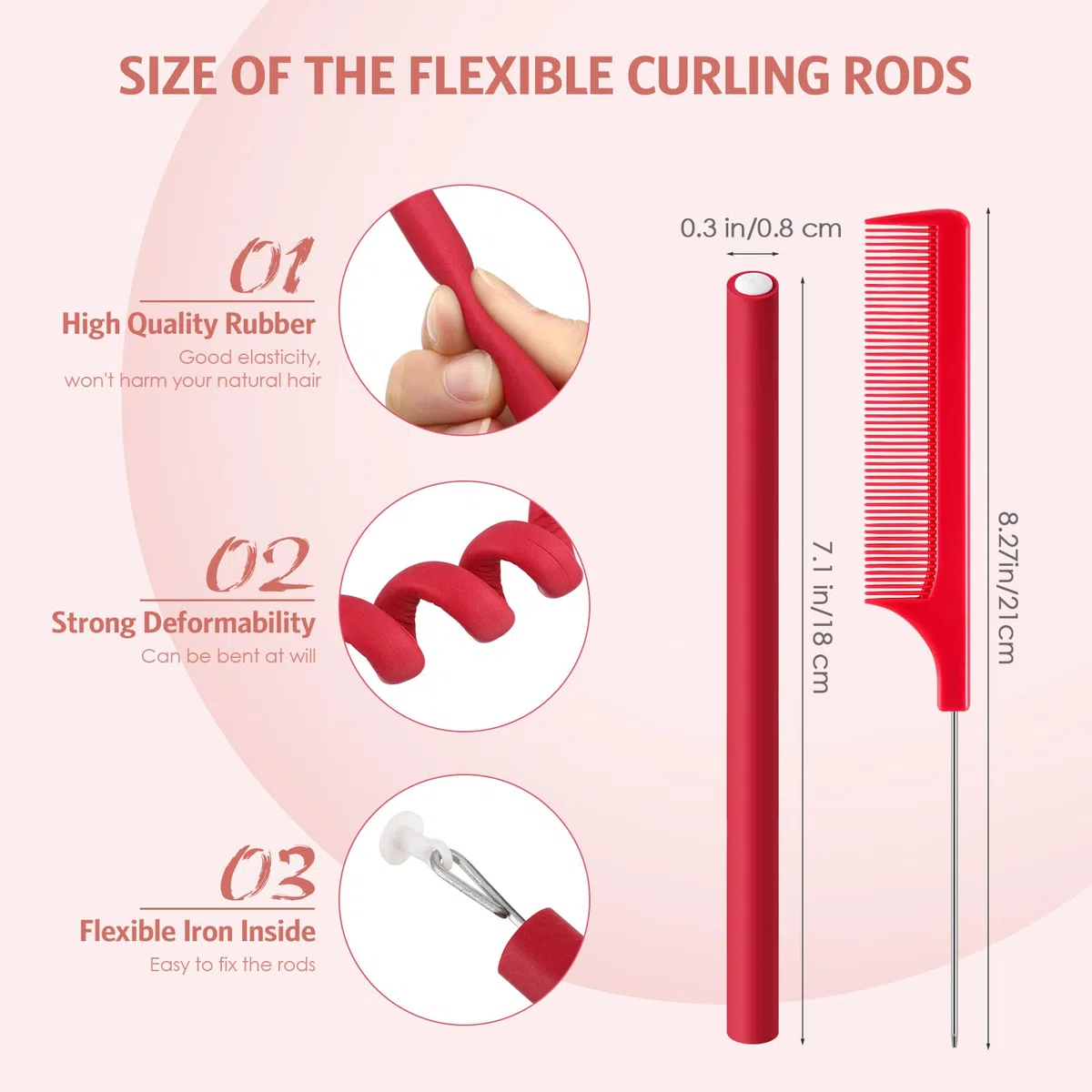 Syhood 30 varillas rizadoras flexibles, rizadores de pelo trenzado de espuma suave, sin calor y 1 peine de cola de rata de acero para mujer, cabello largo y corto (17,8 x 1 cm, rojo)