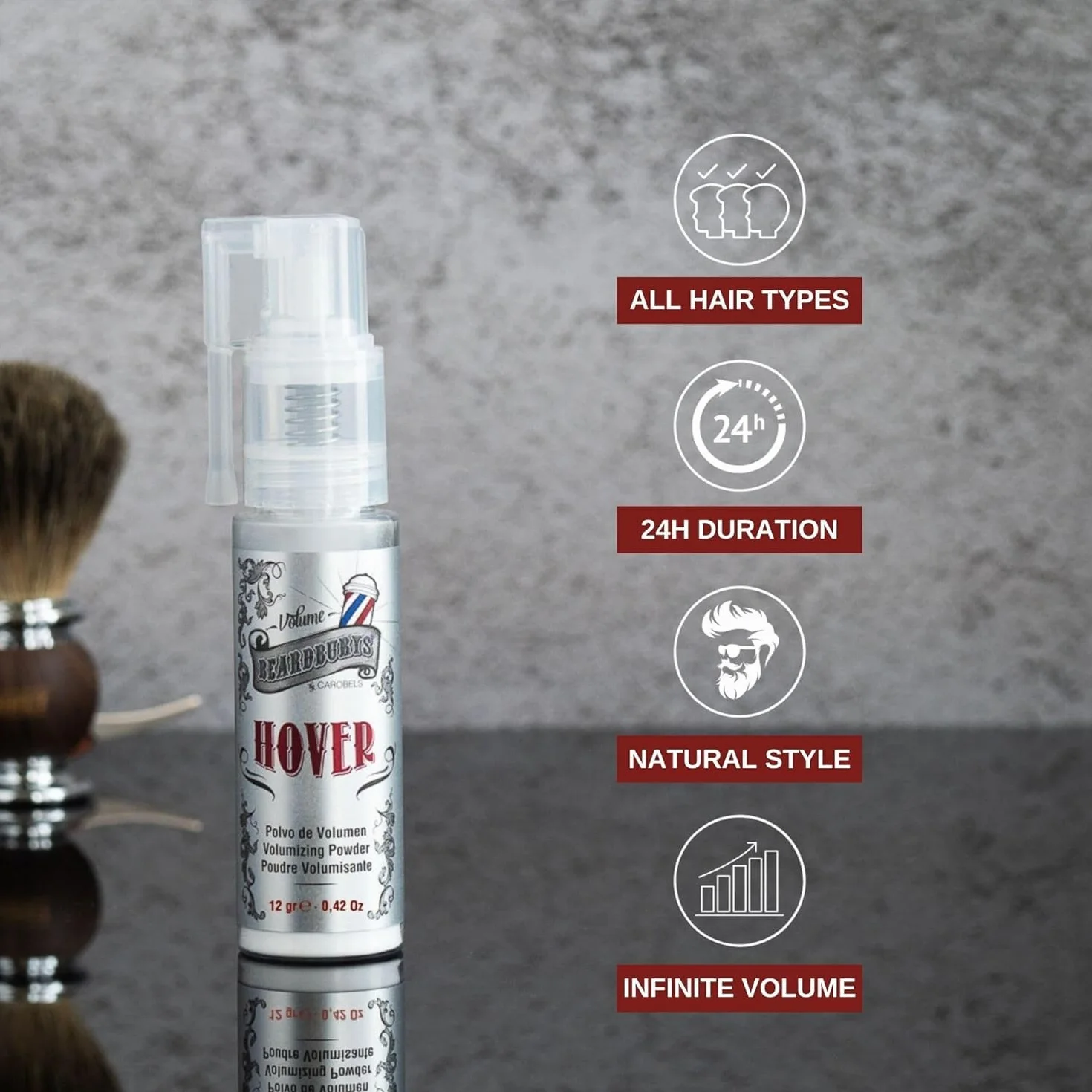 Beardburys Hover Polvo de Peinado para Hombre, textura mate, elevación de raíz y volumen, para cabello fino, sin brillo, fijación flexible, acabado de calidad de barbería, 12 g + 2 recambios.