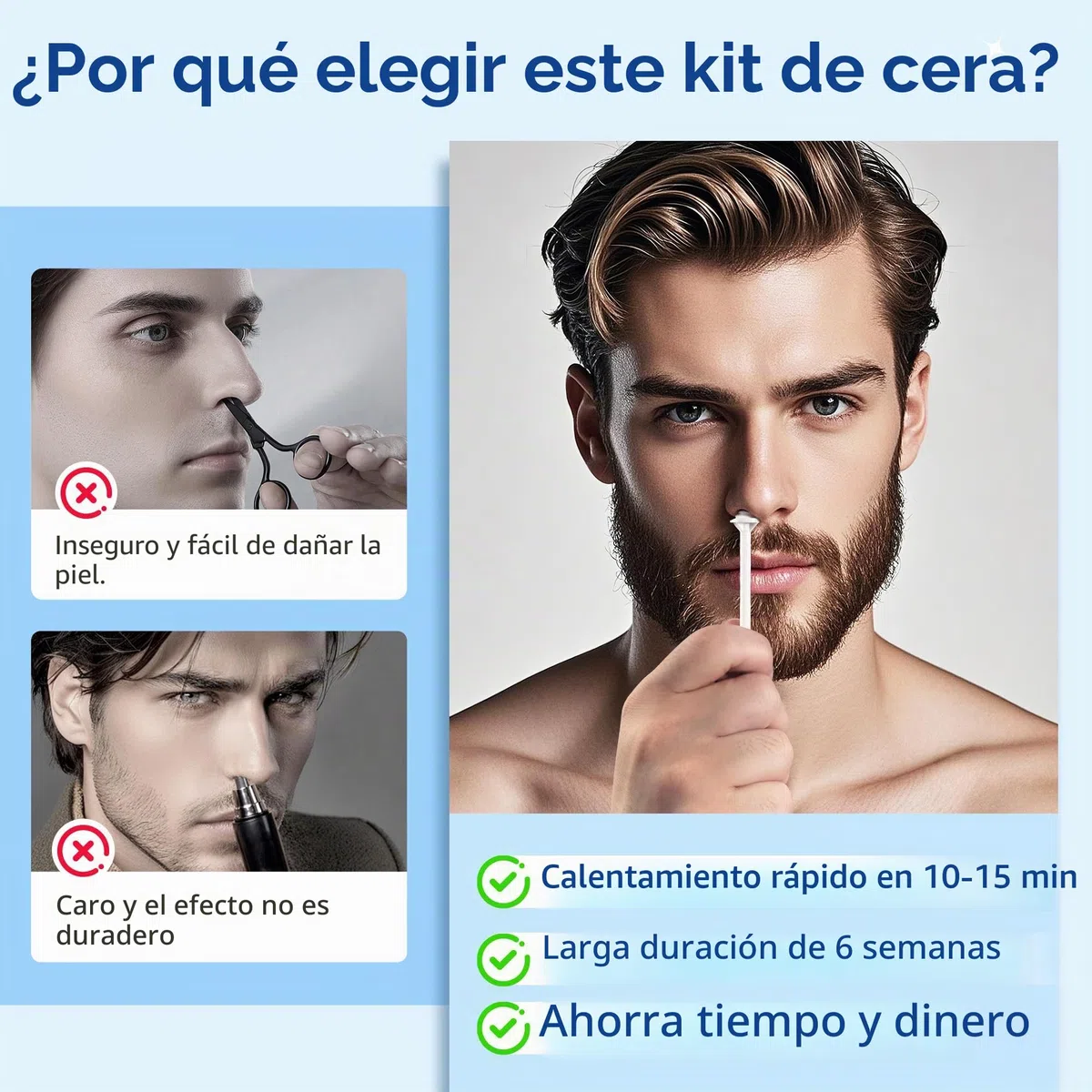 Mini Kit de Depilación Profesional para Hombres y Mujeres, para Cara, Orejas y Nariz, 100g de Cera para Vello, 10 Aplicadores 10 Moldes para Bigote, Depilación Segura, Rápida y Sin Dolor