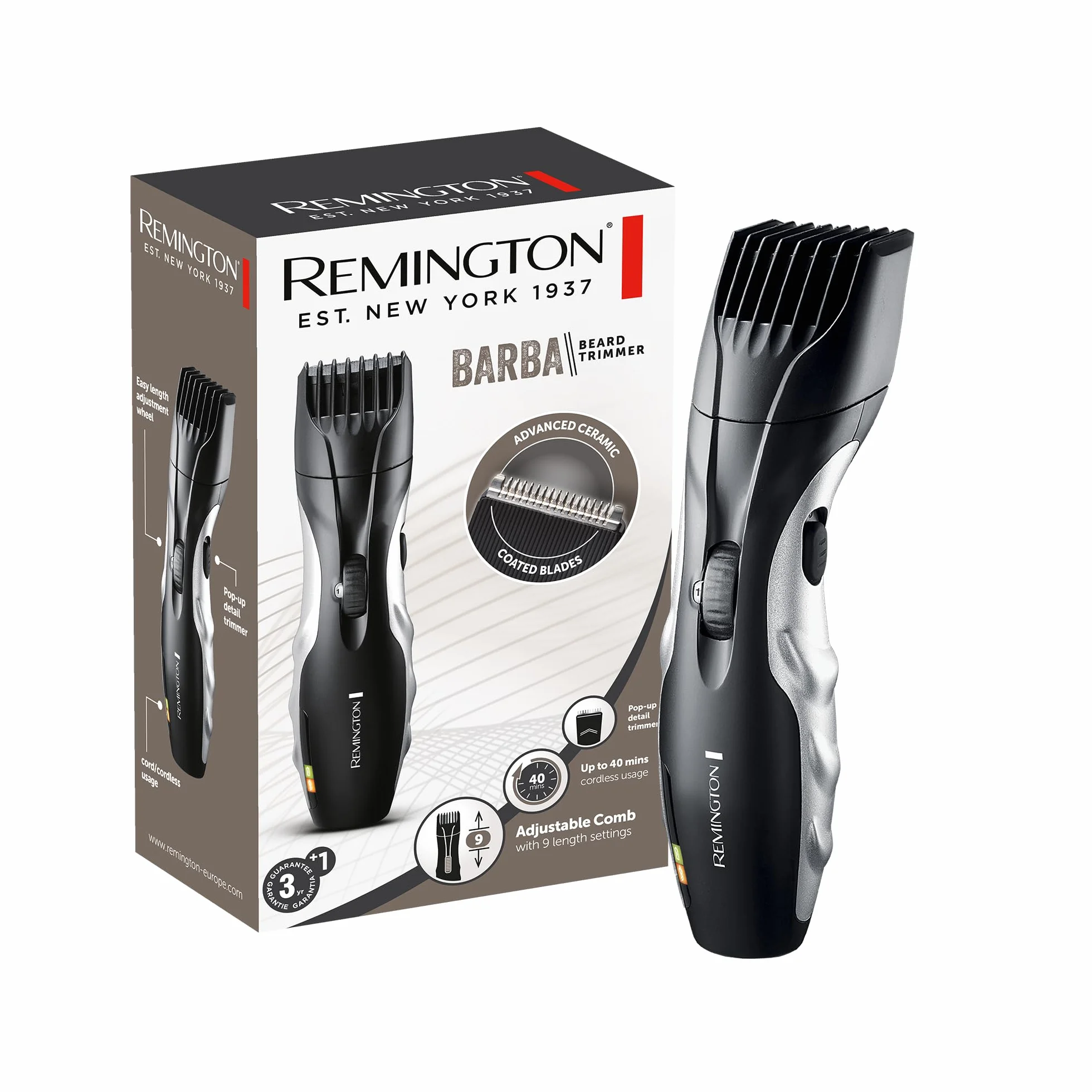 Remington Recortadora de Barba Ceramic Beard, Barbero con Cable e Inalámbrico, Cuchillas Cerámica, 9 Ajustes de Longitud, Rueda Zoom Ajuste de Longitud, 40 min Autonomía, Indicador Carga, MB320C