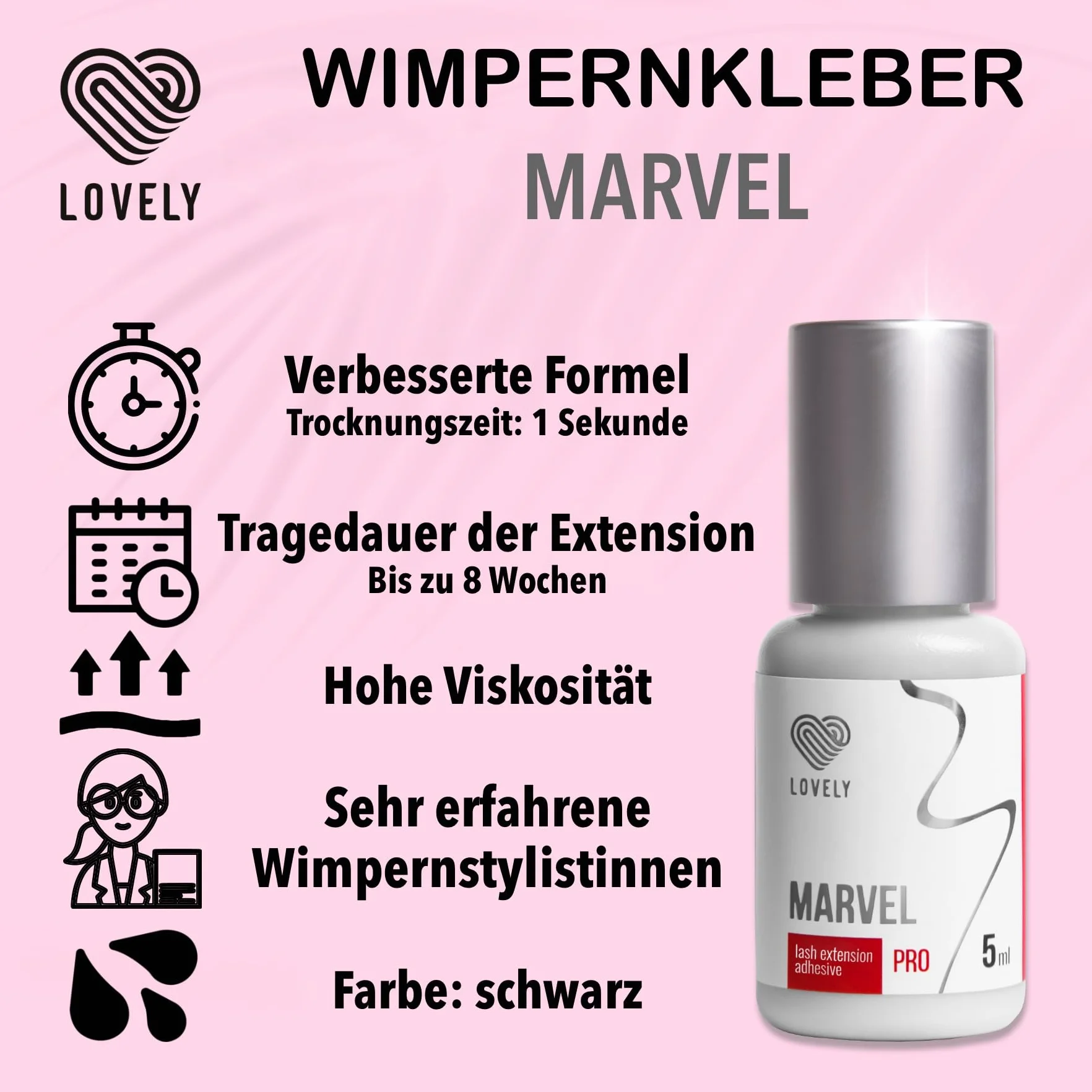 pegamento para pestañas LOVELY MARVEL (5ml, color: NEGRO) pegamento rápido, 8 semanas de adhesión, bajo desarrollo de vapor, muy duradero, para extensiones de pestañas profesionales