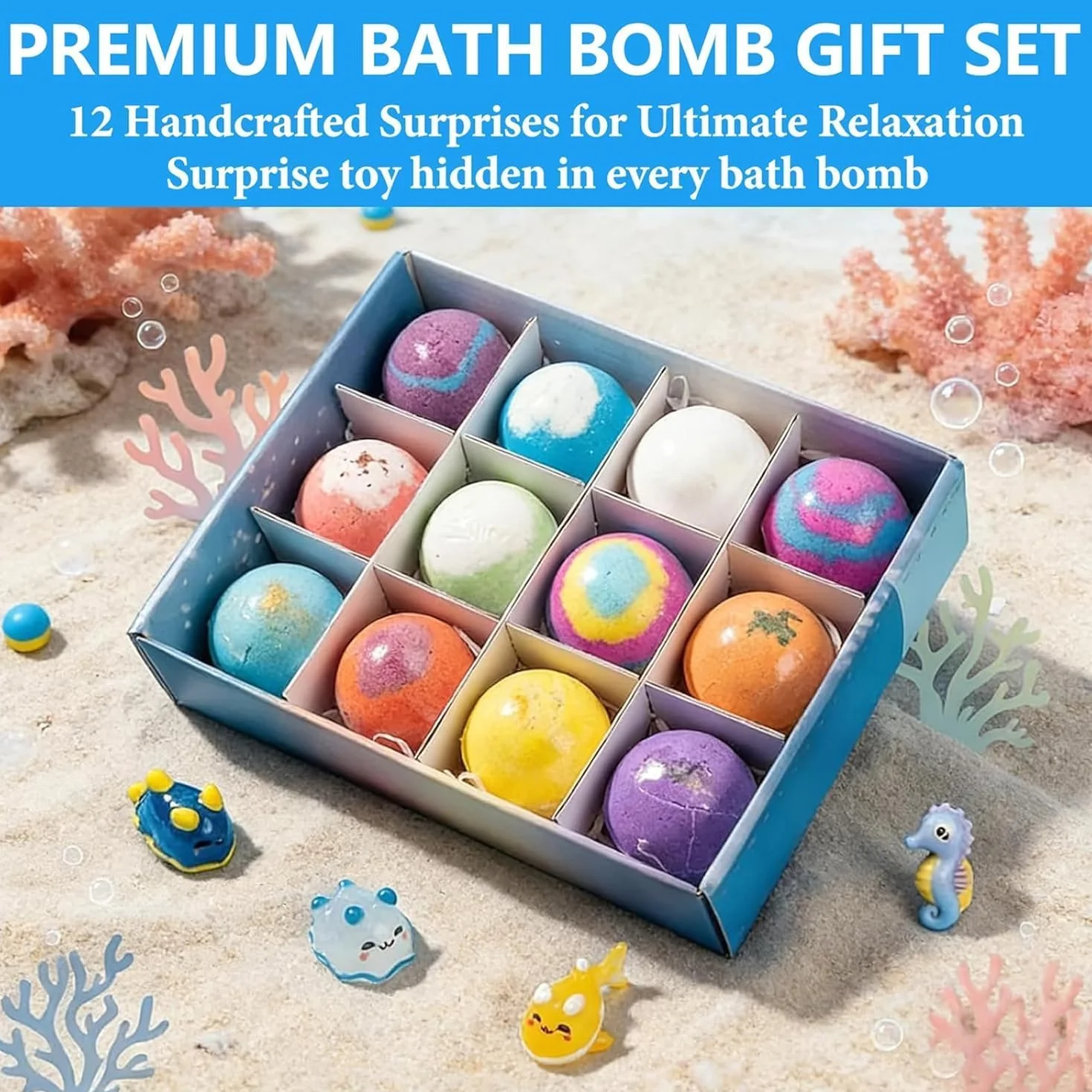 STOAT Bombas de Baño Niños con Sorpresa, 12Pcs Caja Regalo con Juguetes, Naturales Bio, Espuma Baño Suave para Niños y Niñas