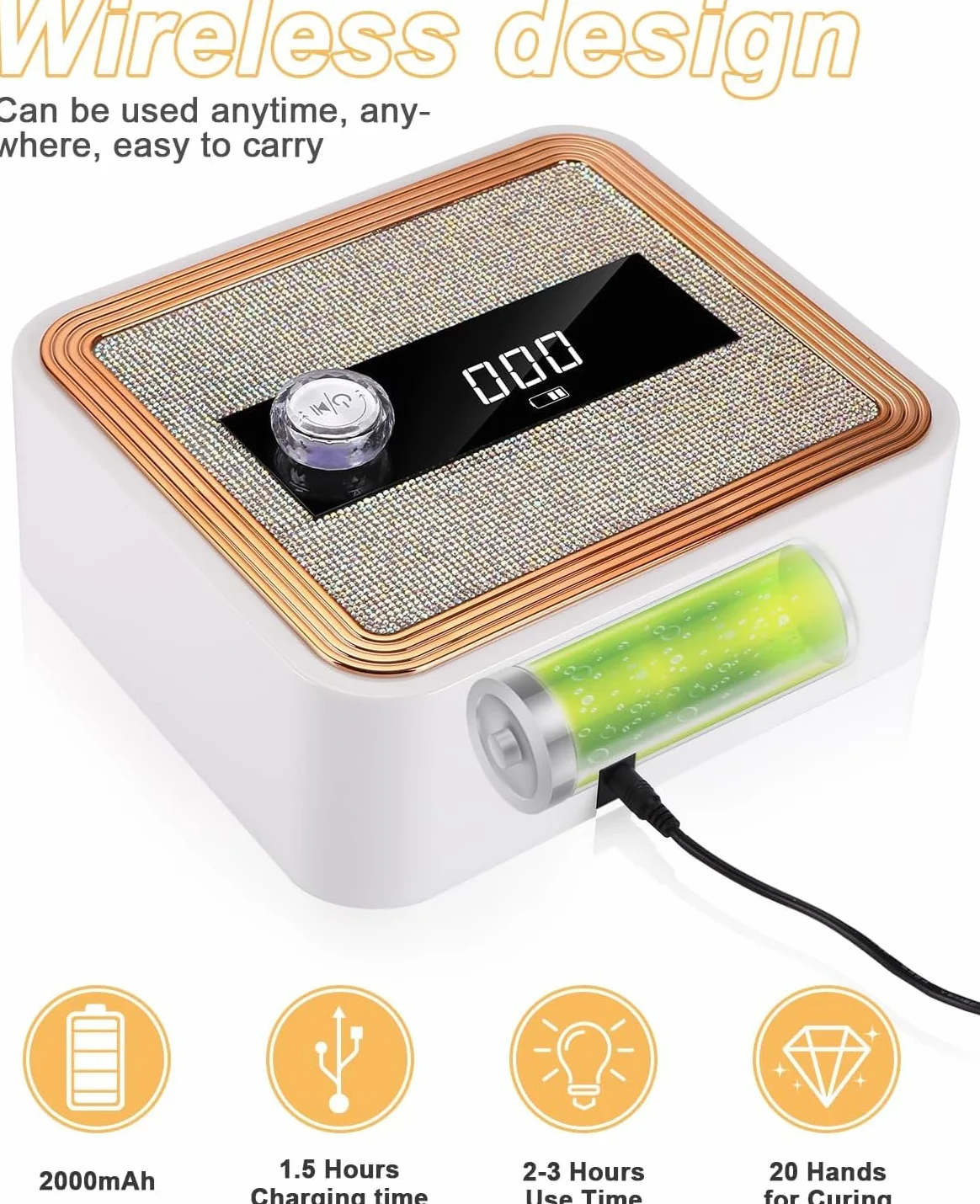 jutyum Lámpara UV para uñas de gel, lámpara de uñas inalámbrica con 2000 mAh, lámpara LED con sensor y temporizador continuo de 120 segundos, lámpara UV para uñas de gel, arte de uñas, diseño de uñas