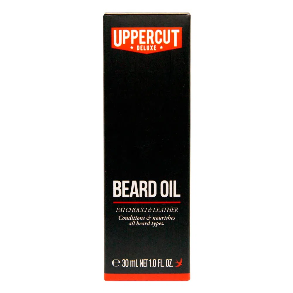Uppercut Deluxe Aceite para Barba, Acondicionador Ligero para Barba con Aceites Esenciales para Nutrir la Barba, Aplicación Suave y Acabado Ligero, Fragancia a Pachulí y Cuero, 30ml