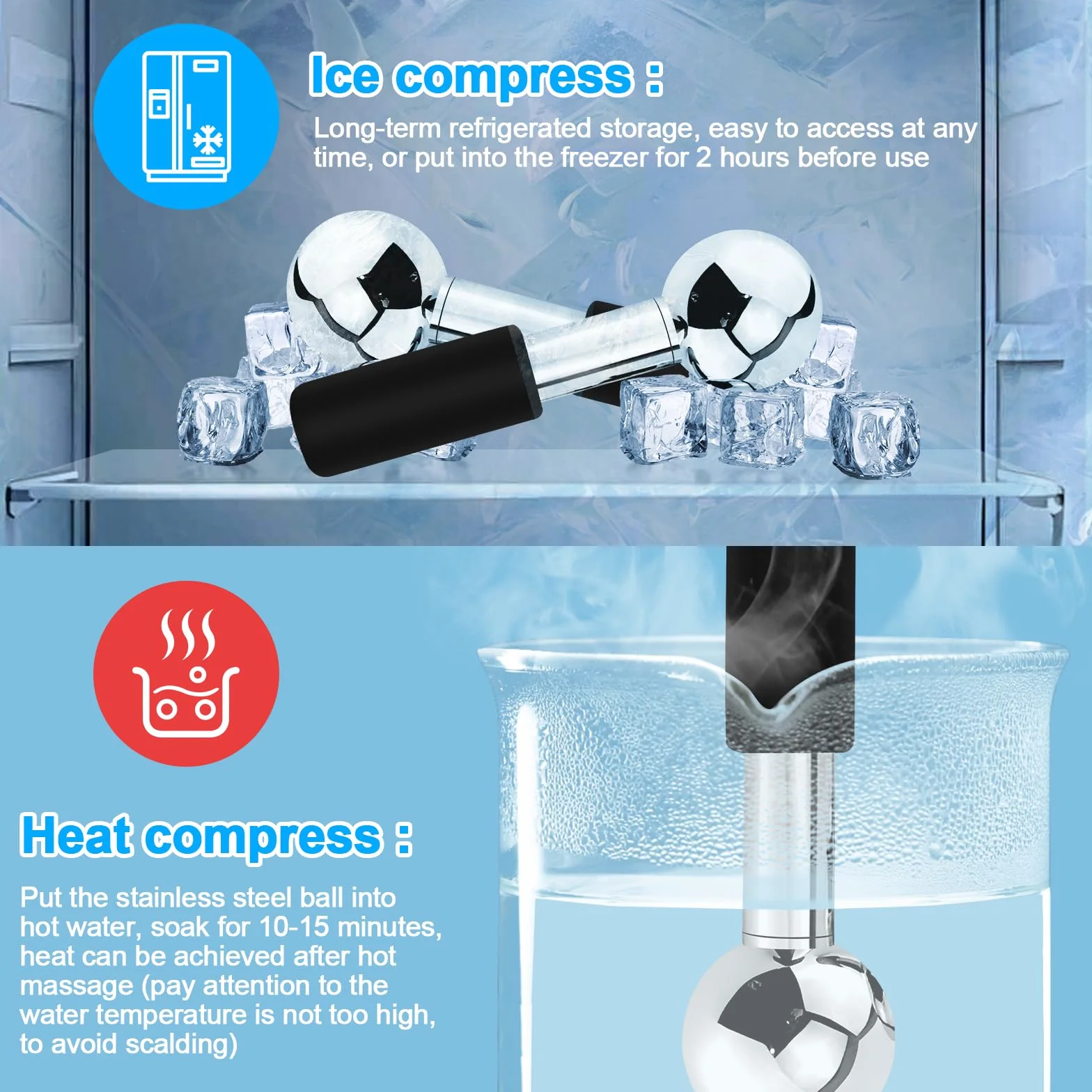 CGBE 2 Piezas Globos de Hielo Facial, Masaje de Hielo Bola para Cara Ojos Cuello, Rodillo de Hielo de Acero Inoxidable, Reduce Las Ojeras y La Hinchazón, Mejora la Circulación Sanguínea