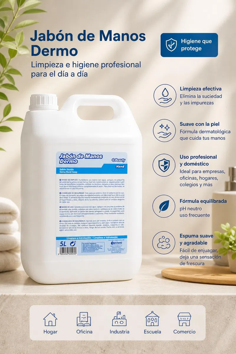 Gel de Manos Glossy Hand Dermo 5L – Higiene y Lavado de Manos Todo Tipo de Pieles – Efecto Limpiador y Desodorizante – Garrafa Industrial para Hotel, Vestuario y Uso Profesional