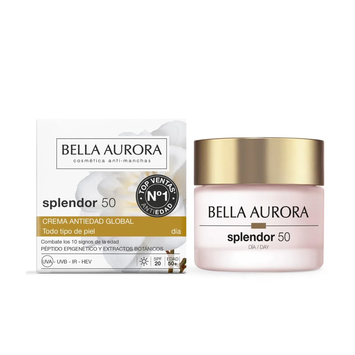 Bella Aurora Crema de Día Antiedad 50+ Años, 50 ml | Crema Facial Anti-Arrugas y Anti-Manchas | Tratamiento Facial Hidratante para Mujer SPF 20 | SPLENDOR 10