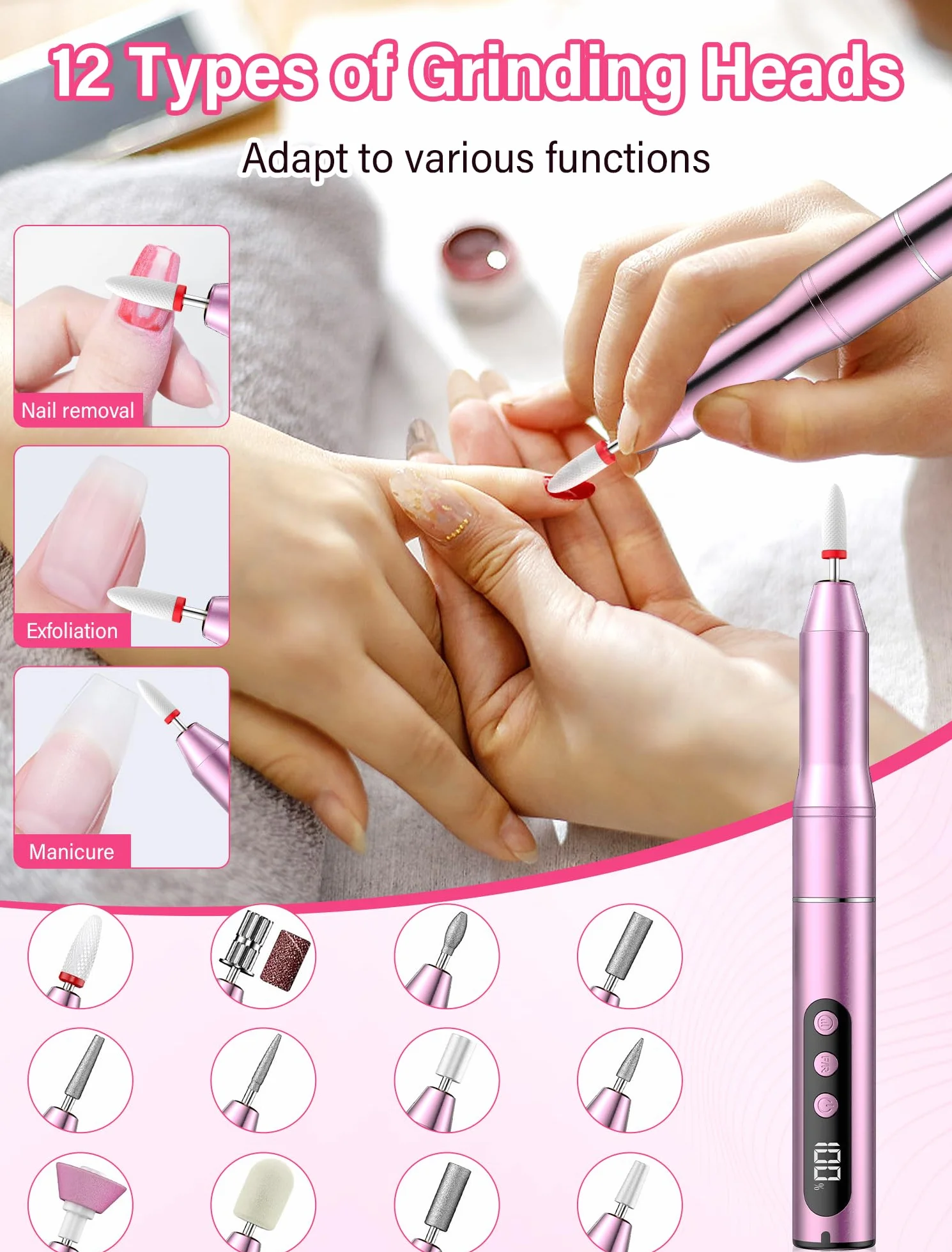 Torno para Uñas,35000RPM Torno para Uñas Profesional,Lima Eléctricas Uñas sin Cable, Velocidad Ajustable, Recargable por USB, para Salón DIY,Manicura y Pedicura