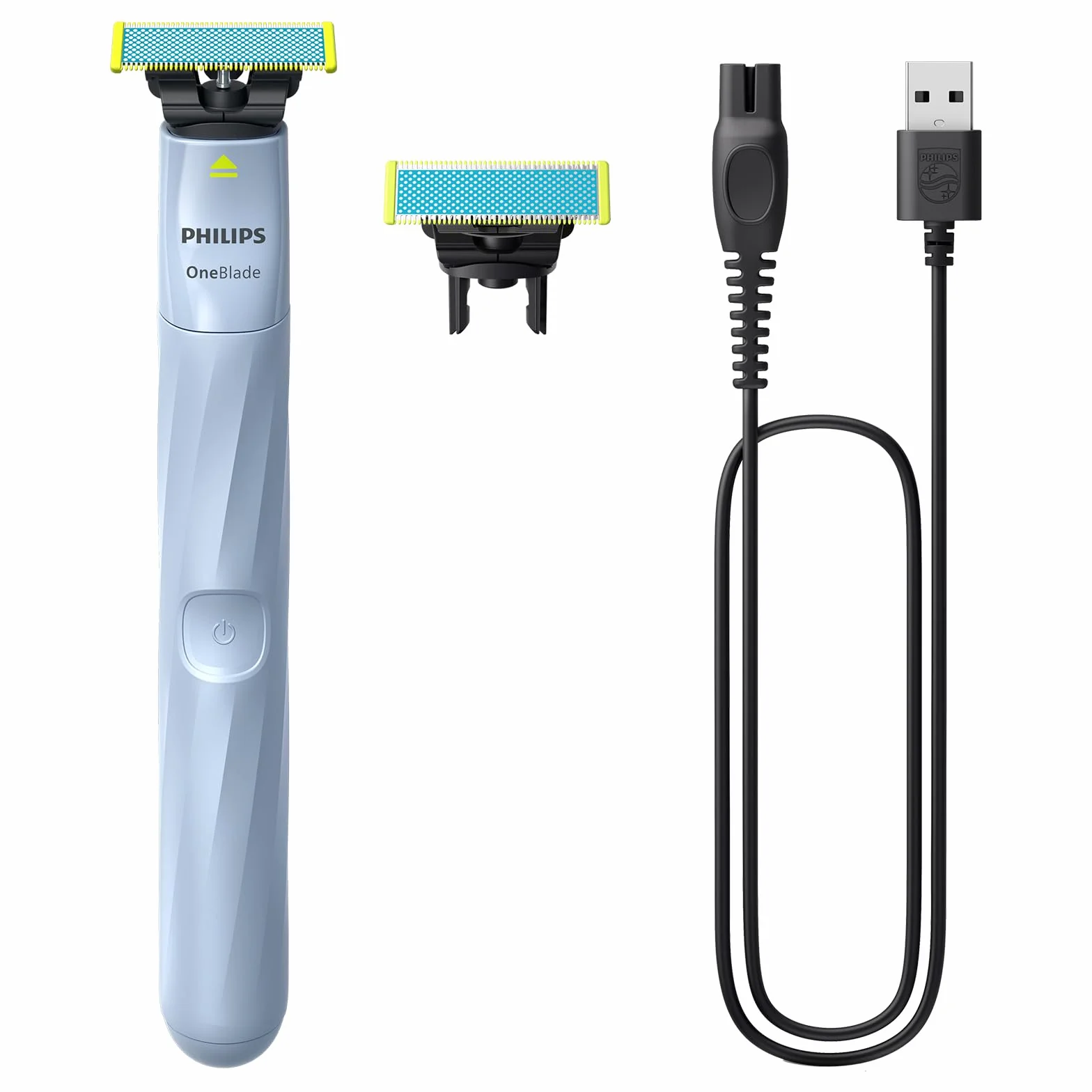 Philips OneBlade First Shave Auténtica Recortadora de Barba, Maquina de Afeitar Hombre, 2 Cuchillas, Cargador USB-A sin adaptador de pared, QP1324/30