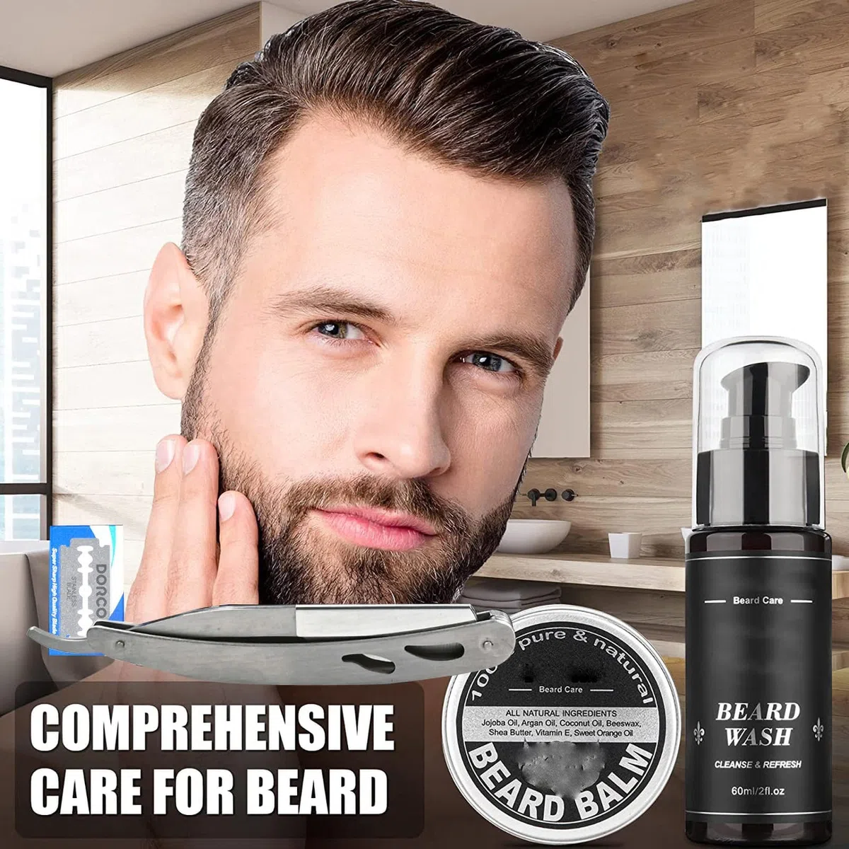 Kit Barba Hombre,Cuidado Facial Masculino,Set Completo con Navaja de Afeitar,Cepillo,Aceite,Champú,Bálsamo y Peine,Regalo Ideal para Hombre