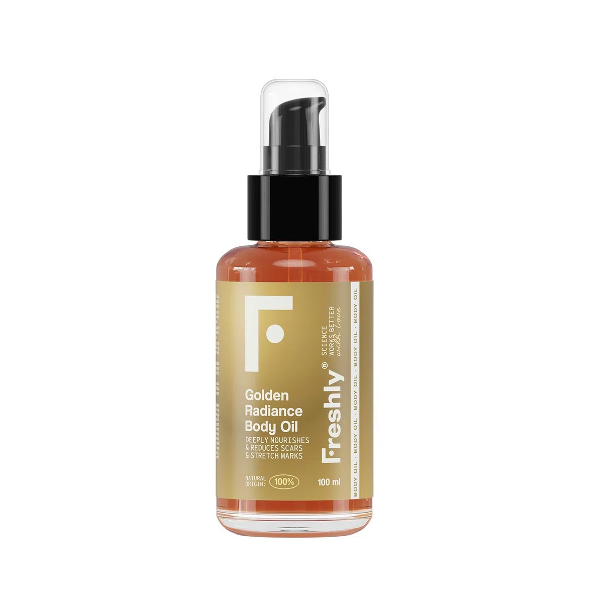 Freshly - Aceite Corporal Natural Golden Radiance Body Oil - Hidratante y Reafirmante - Con 12 Aceites Vegetales - Ideal para Estrías y Cicatrices - Apto Embarazo - 100 ml