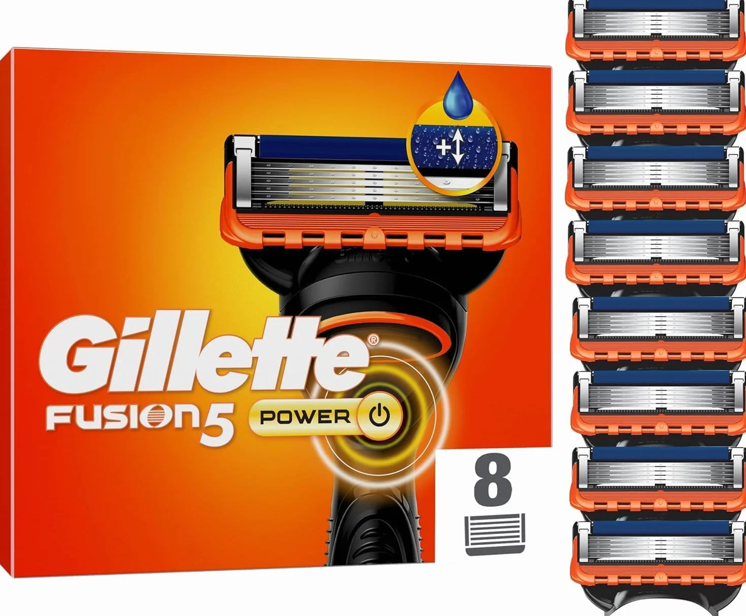 Gillette Fusion5 Power - Cuchillas de afeitar, 8 cuchillas de repuesto originales para hombres con tira lubricante más grande para un deslizamiento suave y 5 cuchillas para un afeitado increíblemente