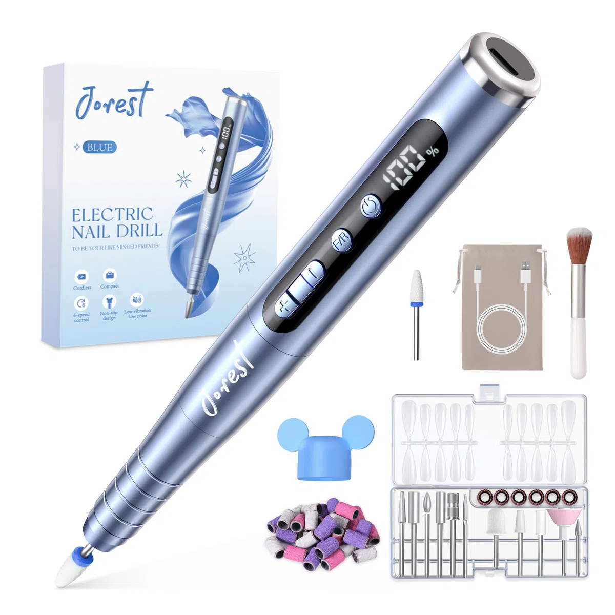 JOREST Torno para Uñas Profesional, 13 en 1 Lima Electrica Uñas, 35000RPM, 6 Velocidades Ajustables, Set Manicura, Pedicura Para Pies, Pulidor, Broca Unhas Gel, Quita Cuticulas, Manicurist, Blue