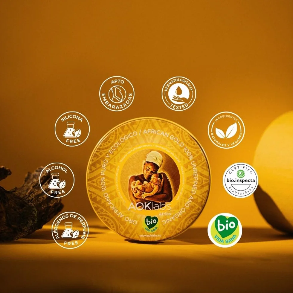 AOKlabs - Oro Africano | SIN REFINAR, PURO, ECOLÓGICO | Manteca de Karité 100% Natural | HIDRATANTE Y REGENERATIVO | Cuidado Integral Piel | CARA CUERPO Y CABELLO | (200 ml)