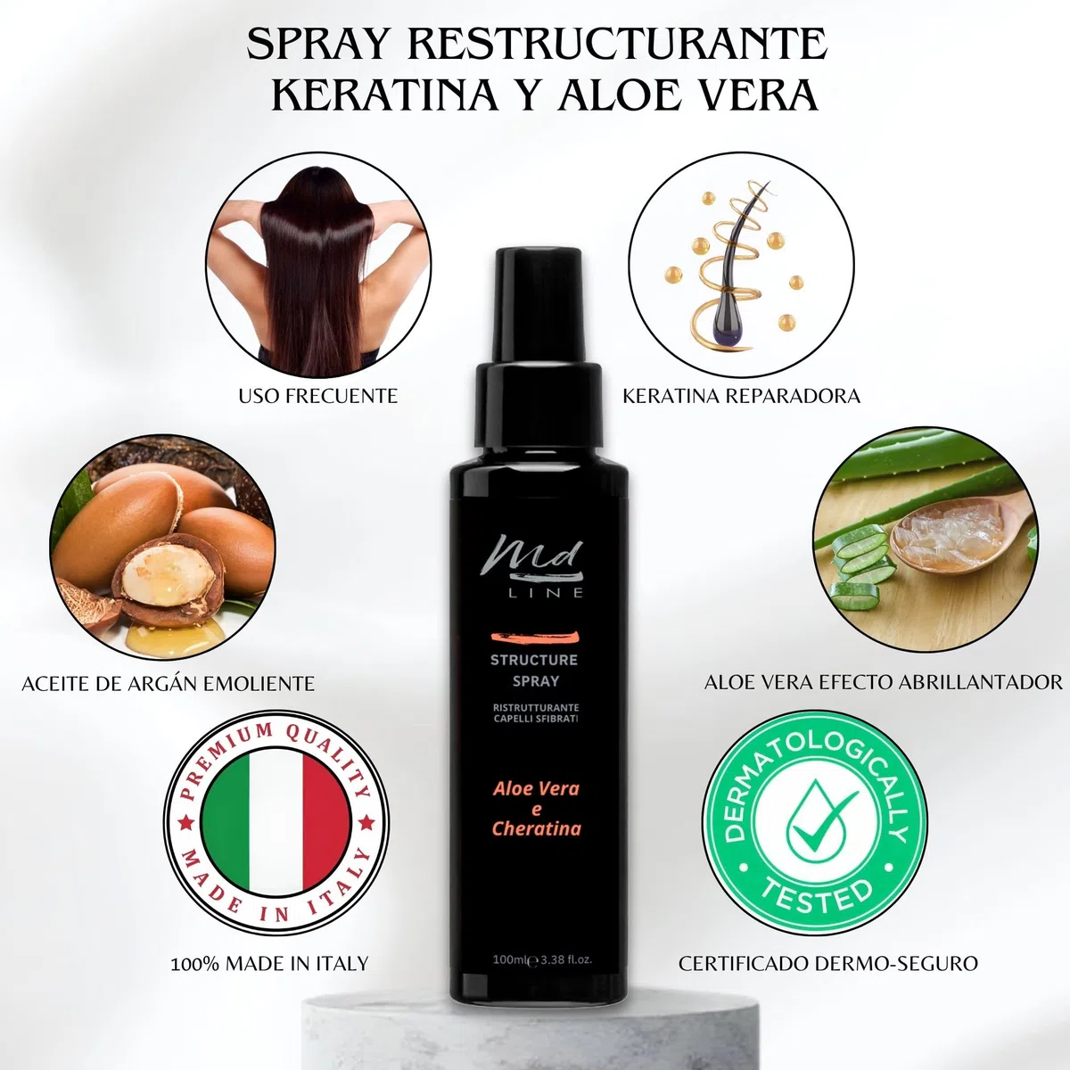 Acondicionador Sin Aclarado Spray Tratamiento Desenredante para Cabello Dañado con Queratina Reparadora Antiencrespamiento con Argán y Aloe Efecto Alisante, Brillante y Nutritivo