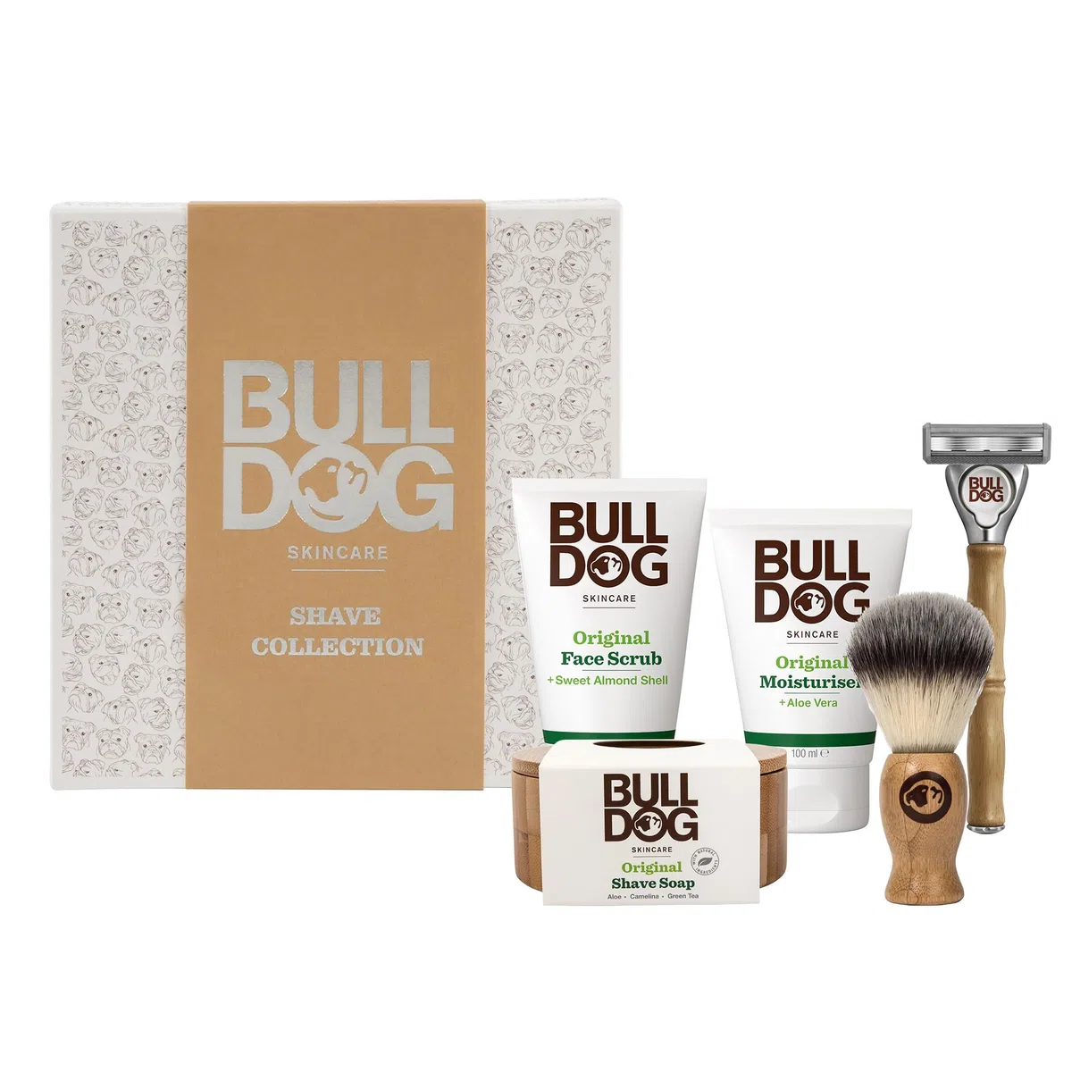 Bulldog Skincare-Kit Shave Collection - Incluye Maquinilla Original Bambú de 5 Hojas + Exfoliante Facial 125 ml + Crema Facial Hidratante 100 ml+ Brocha de Afeitar + Jabón de Afeitado 100 g + Bolsa