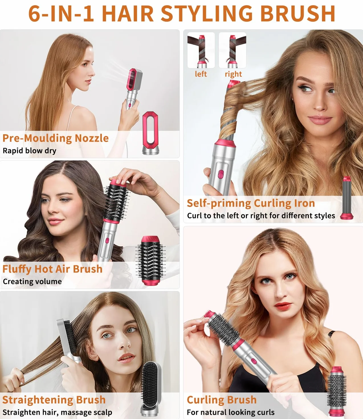 Cepillo Secador de Pelo Air Styler 6 en 1,Secador de Pelo Profesional de 1000W,Tecnología Iónica,Moldeador de Pelo, Automático de Rizado de Aire, Hair Styler para Todos Los Peinados