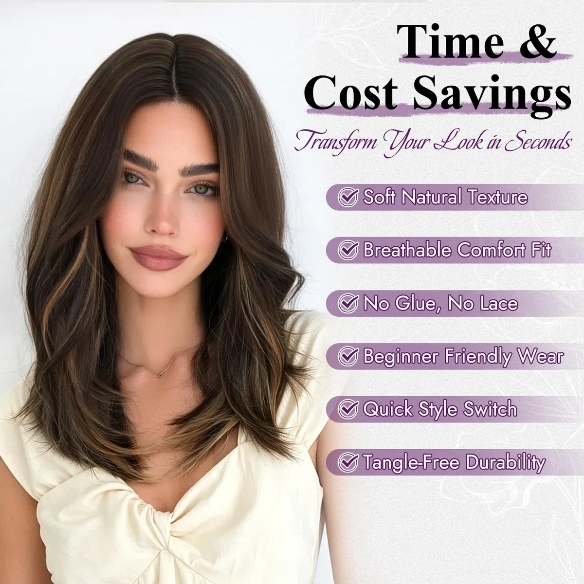 BARSDAR Negro Marrón Highlight Layered Peluca, Shoulder Longitud Liso Layered Pelucas para Mujeres Media Longitud Butterfly Face-Framing Curtain Bangs Peluca Sintética Aspecto Natural Pelucas de Pelo