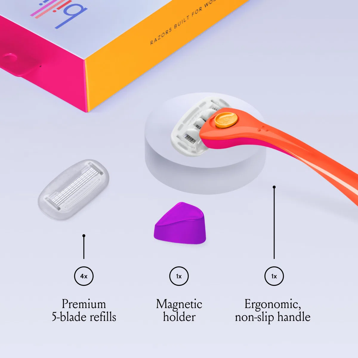 Billie Kit de afeitado para mujer - Maquinilla de afeitar para mujer + 2 recambios de maquinilla de afeitar de 5 cuchillas + soporte magnético - Sunburst