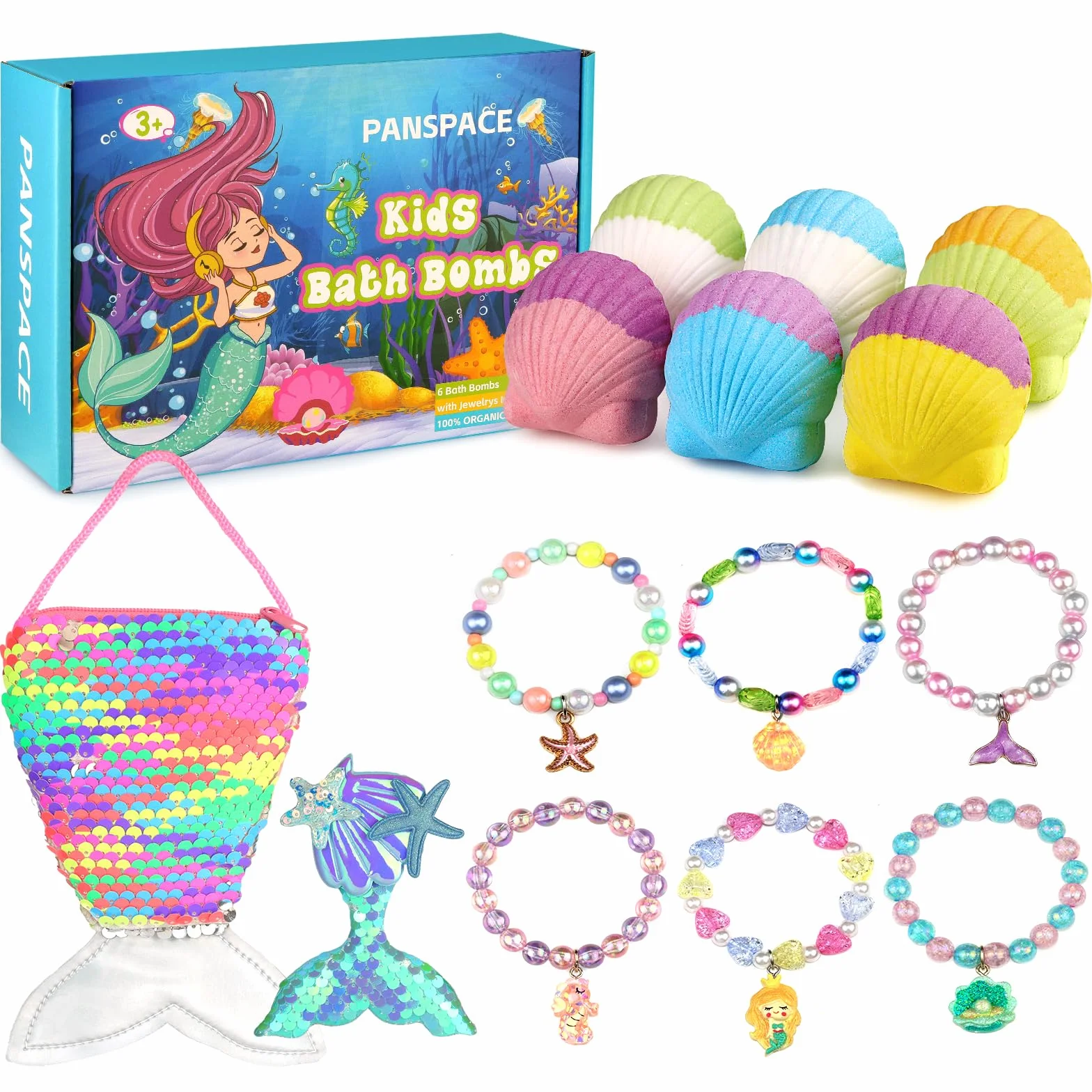 Bombas de baño para niños con sorpresa en el interior, 6 bombas de baño orgánicas para niñas y niños de 3 a 12 años, set de regalo de bombas de baño para cumpleaños con pulseras de sirena