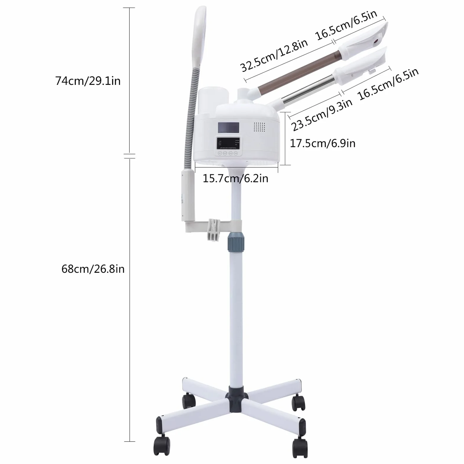 Vapozone Estética Profesional 3 en 1 Vapor Facial Cara Con Luz LED y Lupa Altura Ajustable Modo Caliente y Frío Boquilla Giratoria 360°, Para Salón de Belleza
