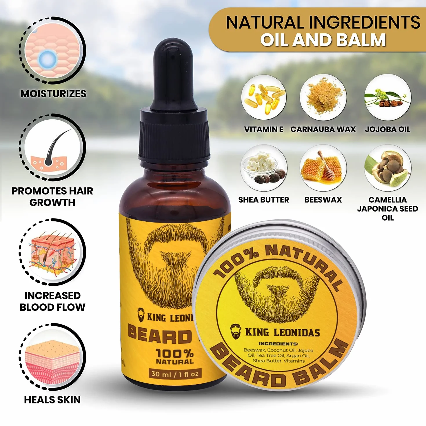 Kit de crecimiento de barba King Leonidas con rodillo Derma de 0,25 mm, herramienta de microagujas para hombres, cuidado profesional del vello facial con bálsamo para barba y aceite para barba