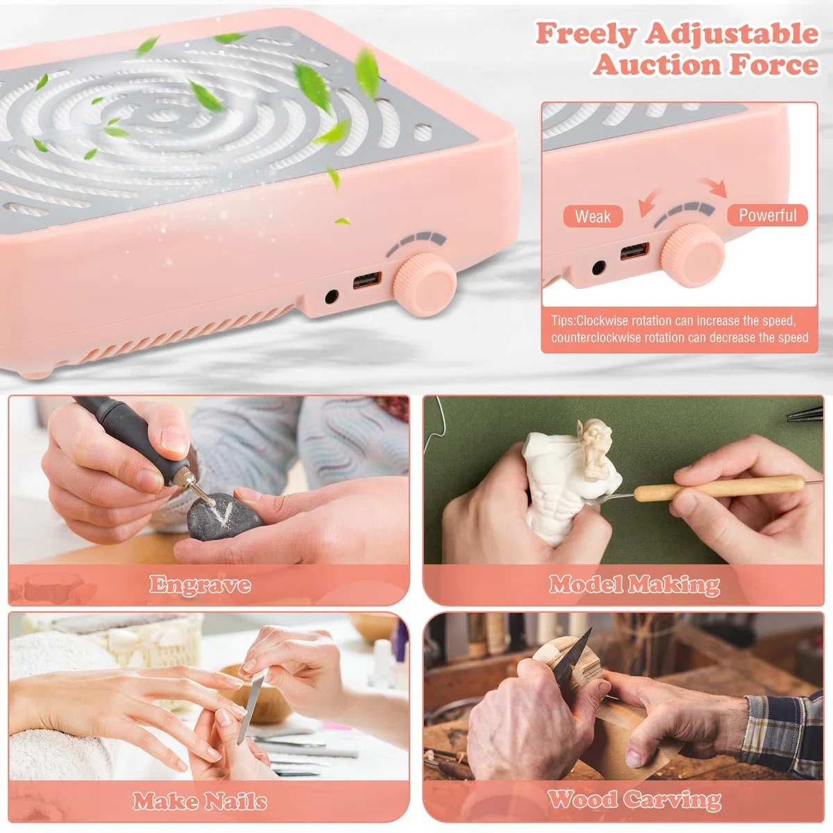 Aspirador Profesional de Uñas con Luz USB, Potente y Silencioso, Colector de Polvo para Manicura y Pedicura, Uso en Casa o Salón de Belleza, Rosa