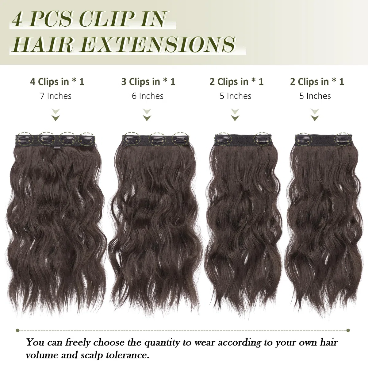 FESHFEN Extensiones de Pelo con Clip Sintéticas Ondulado Natural 40 cm | 4 PCs Postizos Extension Resistentes al Calor para Mujer para Uso Diario Fiestas Eventos, Marrón Negro