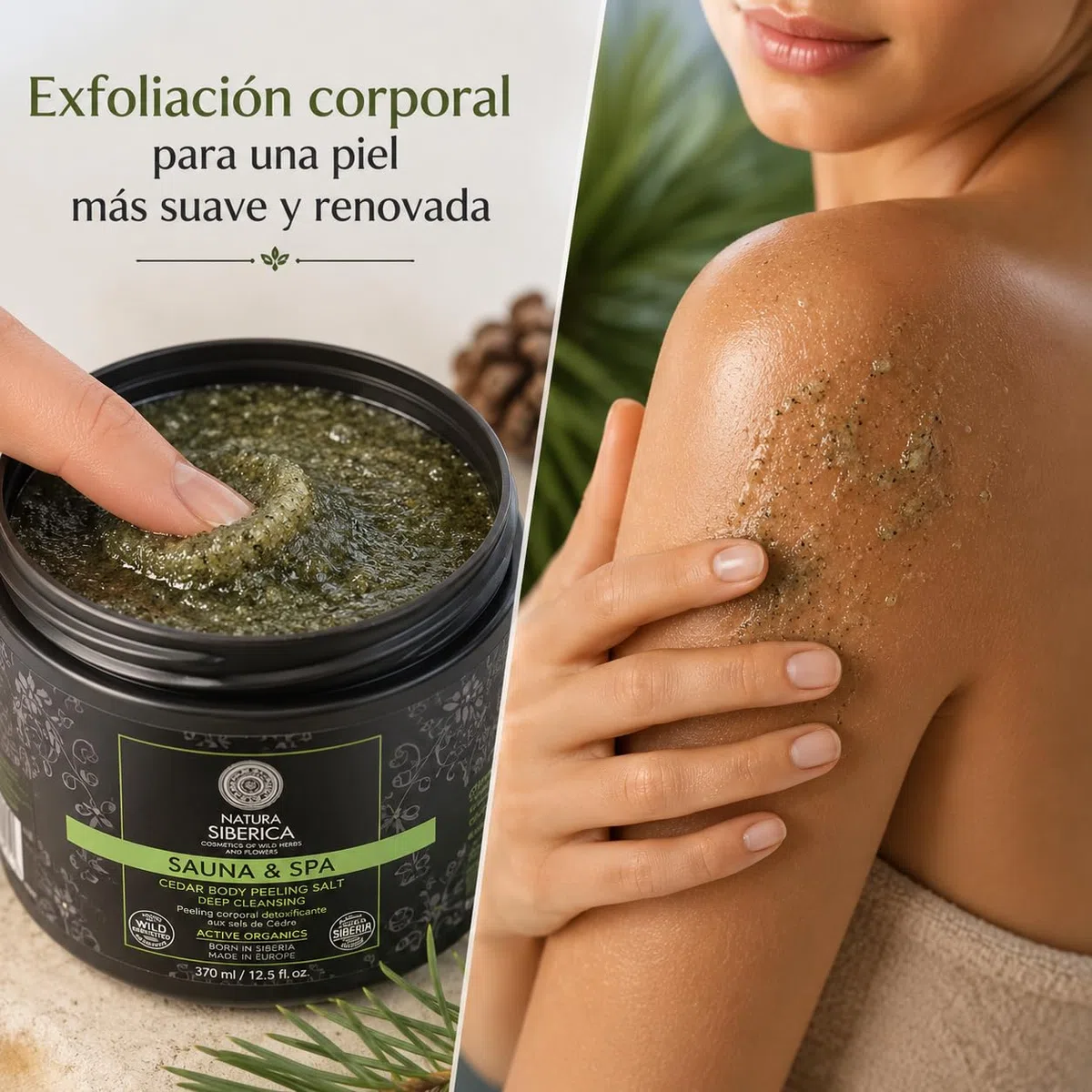 SAUNA&SPA Exfoliante Corporal Detox a Base de Sal con Aceite de Cedro Orgánico y Enebro Siberiano, Peeling Corporal Natural para Suavizar y Purificar la Piel, sin SLS ni Parabenos, 370 ml