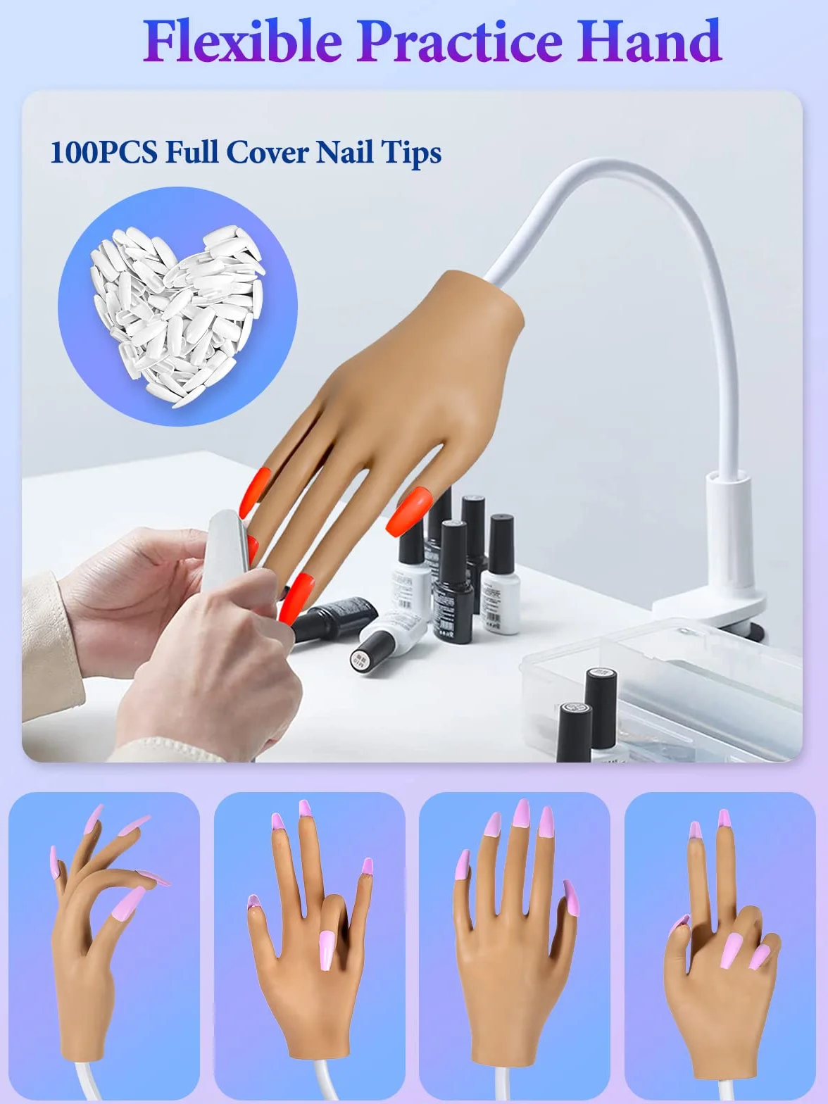 Yokilly Mano Para Practicar Uñas,Mano De Practicas De Uñas Y 100 Piezas De Clavos Reemplazables,Silicona Flexible Mano De Practicas Para Uñas Manicura