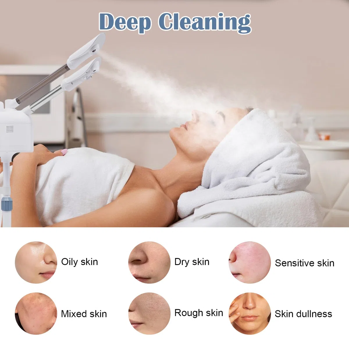 Vapozone Estética Profesional 3 en 1 Vapor Facial Cara Con Luz LED y Lupa Altura Ajustable Modo Caliente y Frío Boquilla Giratoria 360°, Para Salón de Belleza