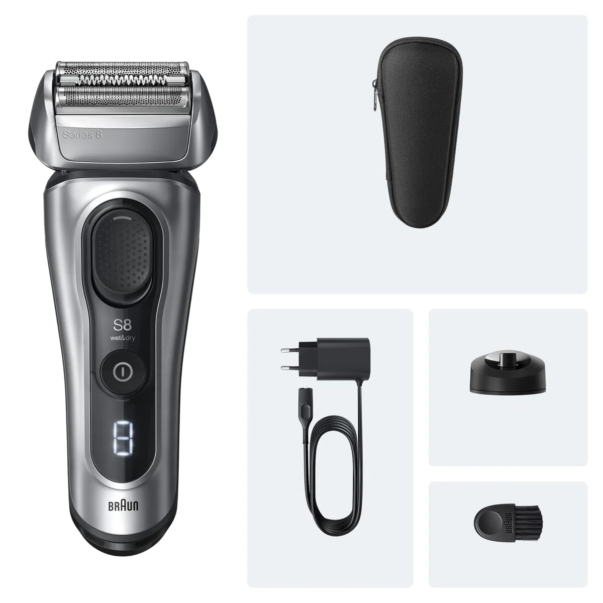 Braun Afeitadora Eléctrica Hombre Series 8, Máquina de Afeitar Barba en Seco Y en Mojado con Cabezal de Precisión Y Recortadora, 60 Min de Uso, Base de Carga Y Estuche de Viaje, 8617S, Plata