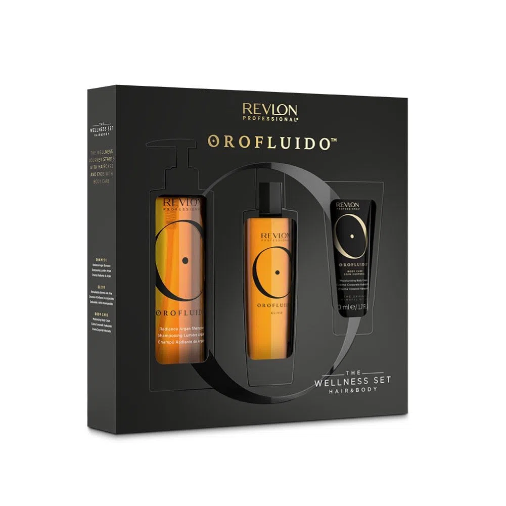 REVLON PROFESSIONAL Orofluido Set de Bienestar para Cabello y Cuerpo, Champú Radiante de Argán 240ml, Elixir Serum 100ml y Crema Corporal Hidratante 50ml, Hidratación Profunda para Pelo y Cuerpo