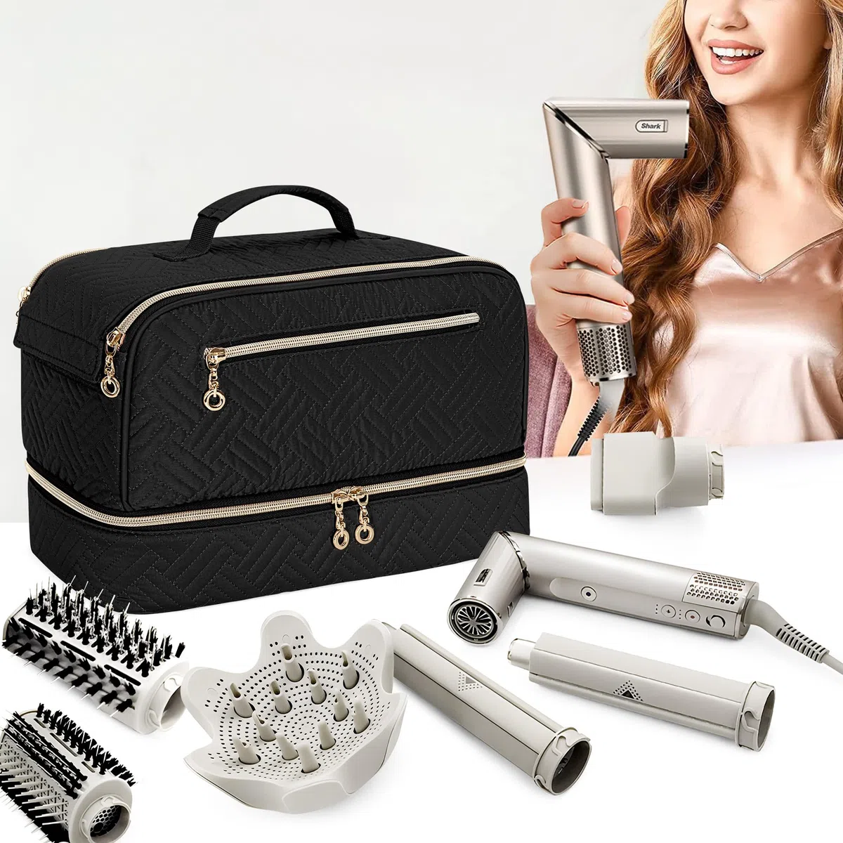 Teamoy Estuche de almacenamiento de viaje de doble capa compatible con secador de pelo Dyson, organizador portátil de gran capacidad para secador de pelo y accesorios, Negro