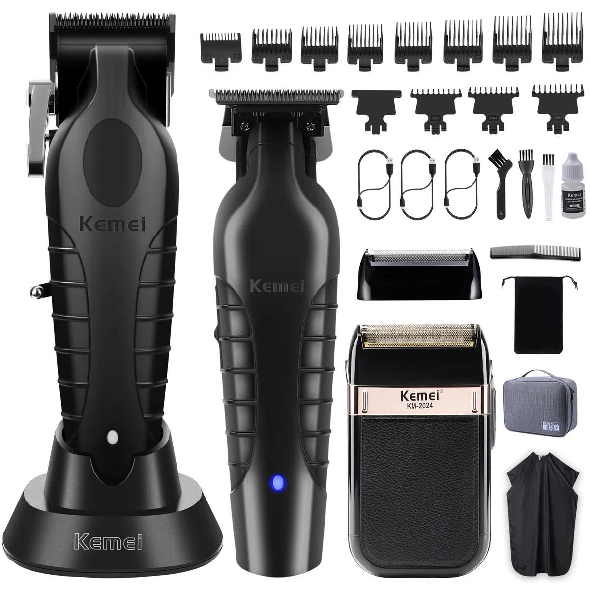 KEMEI Cortapelos profesional, juego de maquinilla de afeitar eléctrica para hombre, cortapelos inalámbrico, kit de corte de pelo con cortapelos USB