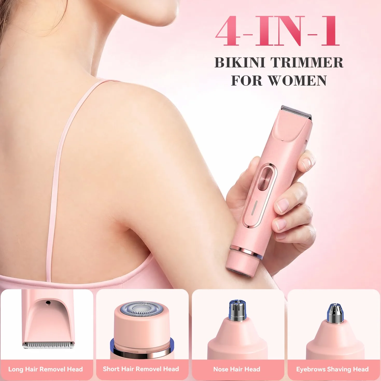 JTF Depiladora Eléctrica para Mujer 4 en 1, Afeitadora de Doble Cabeza IPX7 Impermeable para Bikini, Axilas, Facial, Nariz y Cejas – Afeitadora Mujer Zona Intima Uso Húmedo y Seco (Rosa)