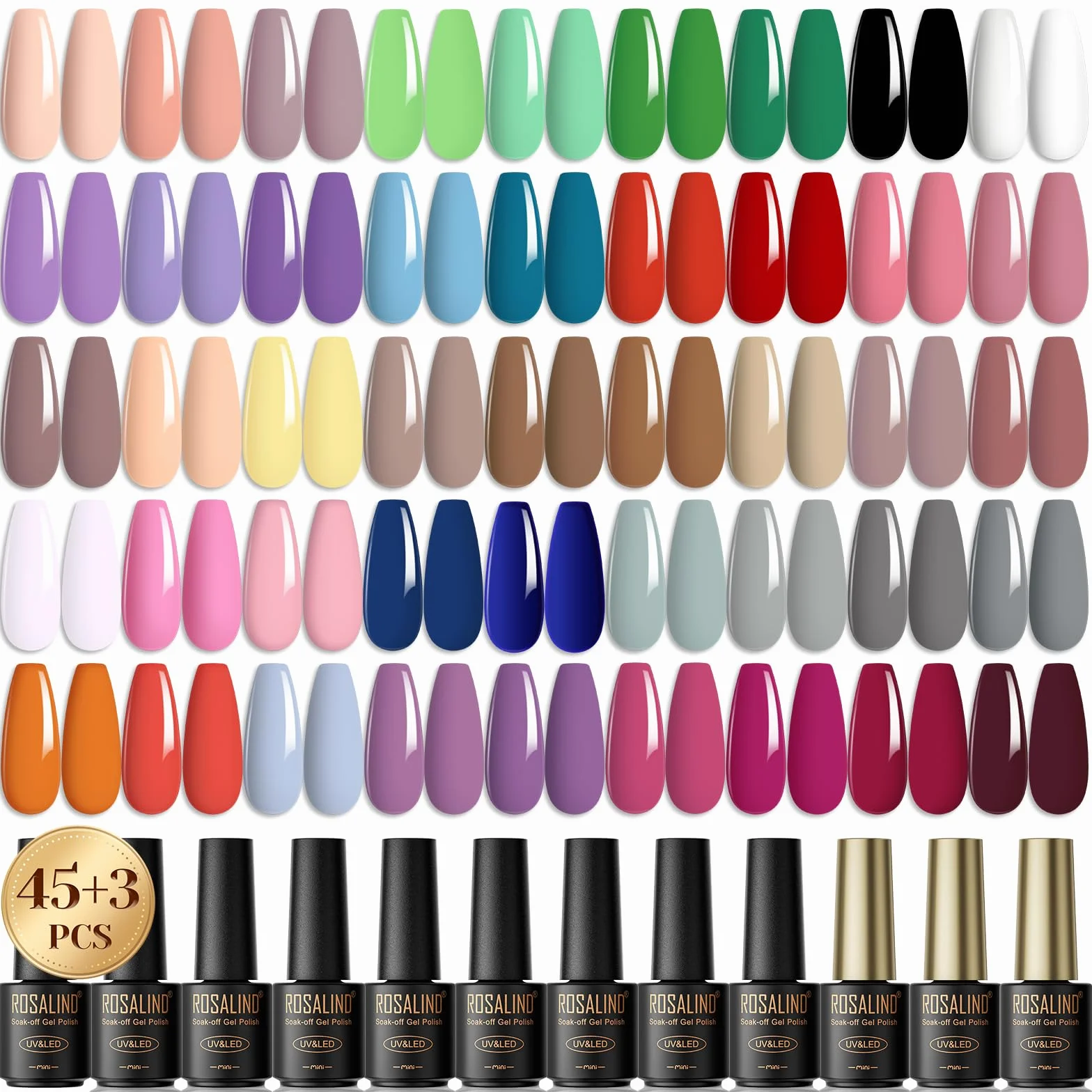 ROSALIND 48 Pcs Esmalte Semipermanente, 45 Colores Pintauñas Semipermanentes Remojo con Base, Top Coat Brillante y Mate, Esmalte de Uñas Semipermanentes de Nude Verde Violeta Para