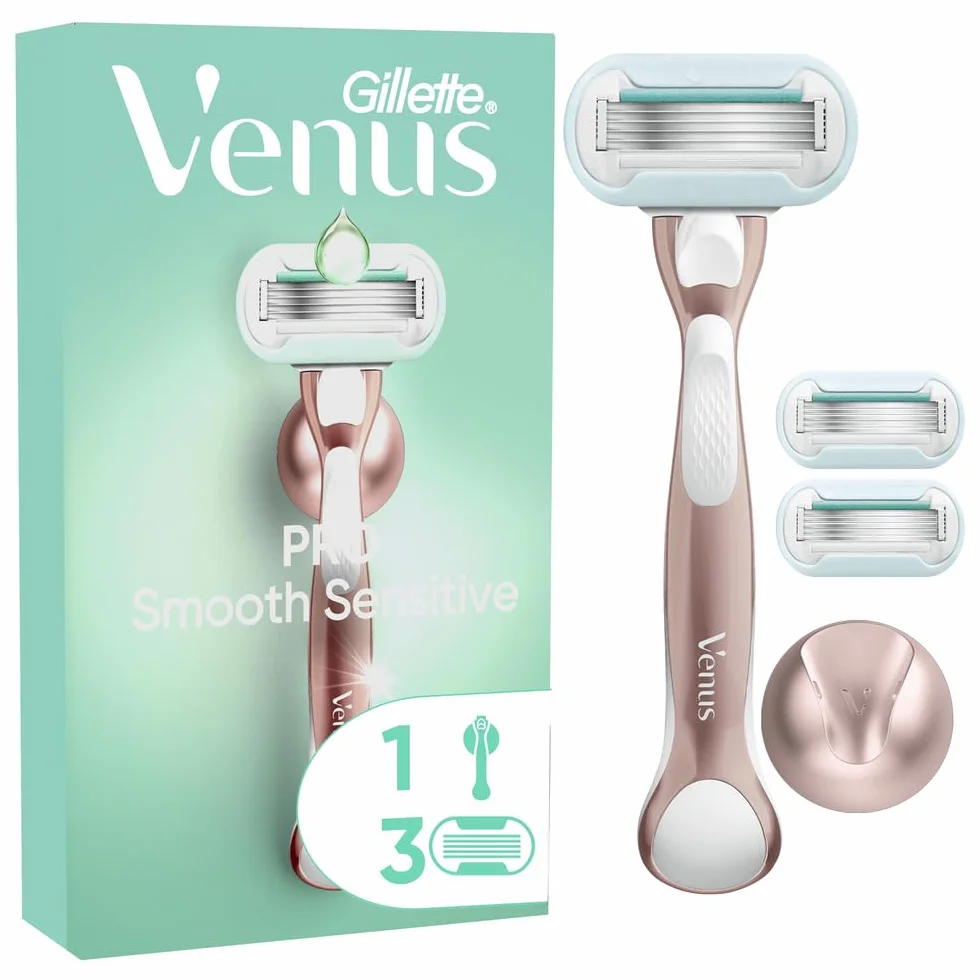 Gillette Venus Lubrastrip Deluxe Smooth Sensitive - Maquinilla de afeitar para mujer + 3 recambios de hoja de afeitar, con mango de metal de oro rosa, Lubrastrip con un toque de aloe vera