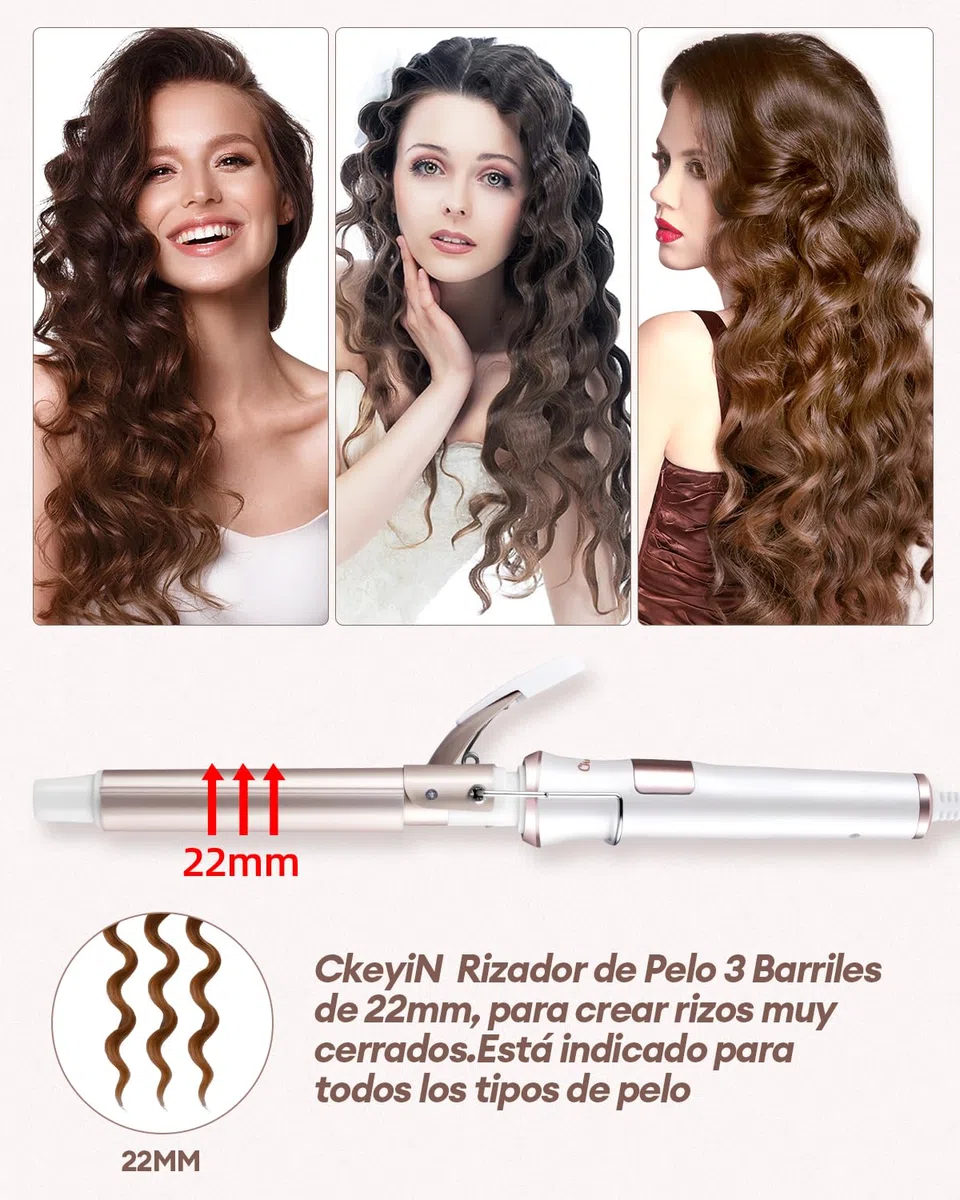 CkeyiN Rizador de Pelo 3 Barriles de 22 mm, Profesional Con Placas de Cerámica de Turmalina, Eléctrico Con Pantalla LCD, Temperatura Ajustable 80℃-230℃, Rosa