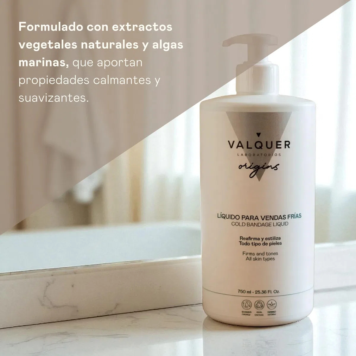 VALQUER ORIGINS Líquido de Vendas Frías para Alivio de Piernas Hinchadas o Cansadas | Piernas Ligeras | Mejora la Circulación Sanguínea con Extractos Naturales y Algas | 750 ml
