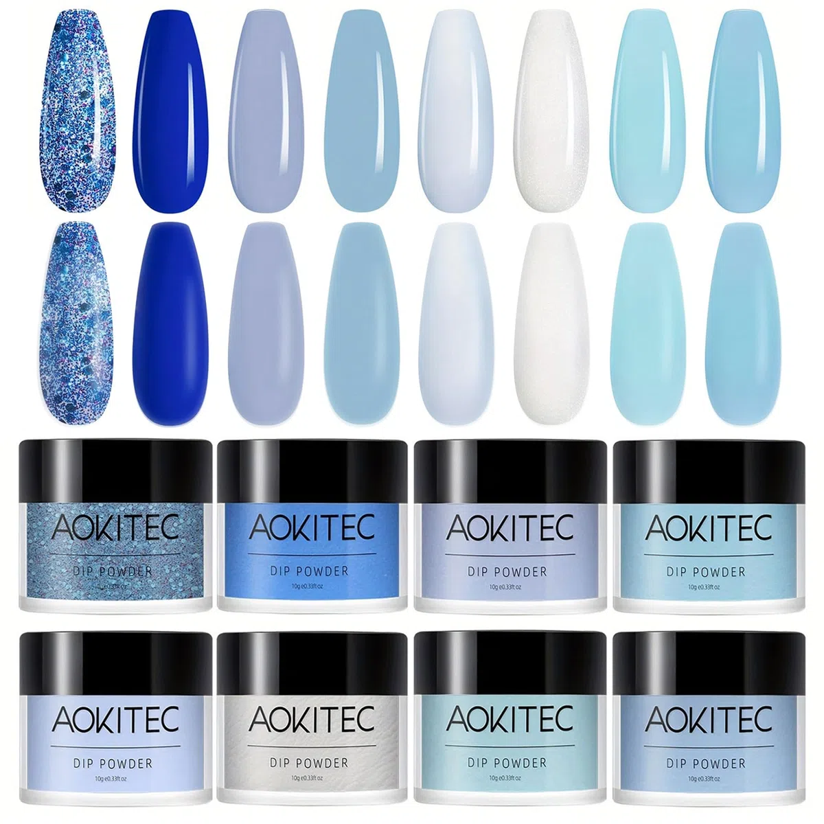 Aokitec 8 Colores Kit de Polvo de Inmersión de Uñas Arte de Uñas para Principiantes Bricolaje de Salón de Manicura en Casa sin Olor, sin Necesidad de Curado con Lámpara de Uñas