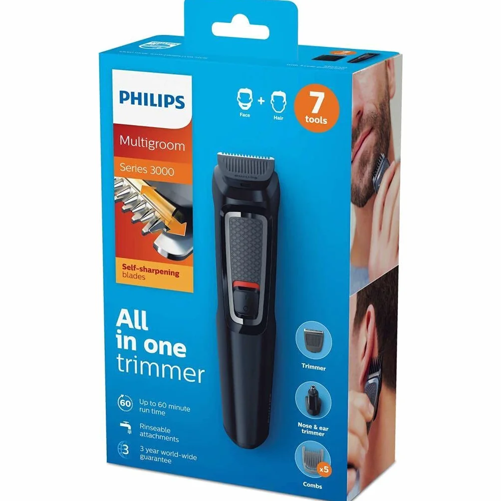 Philips Recortadora de Barba Serie 3000, Barbero, Máquina Cortar Pelo, Cortapelos Hombre, Kit 7 en 1 Para Cara, Pelo, Orejas y Nariz, 60min de uso, En Seco y Húmedo, Recargable, Funda, MG3720/15