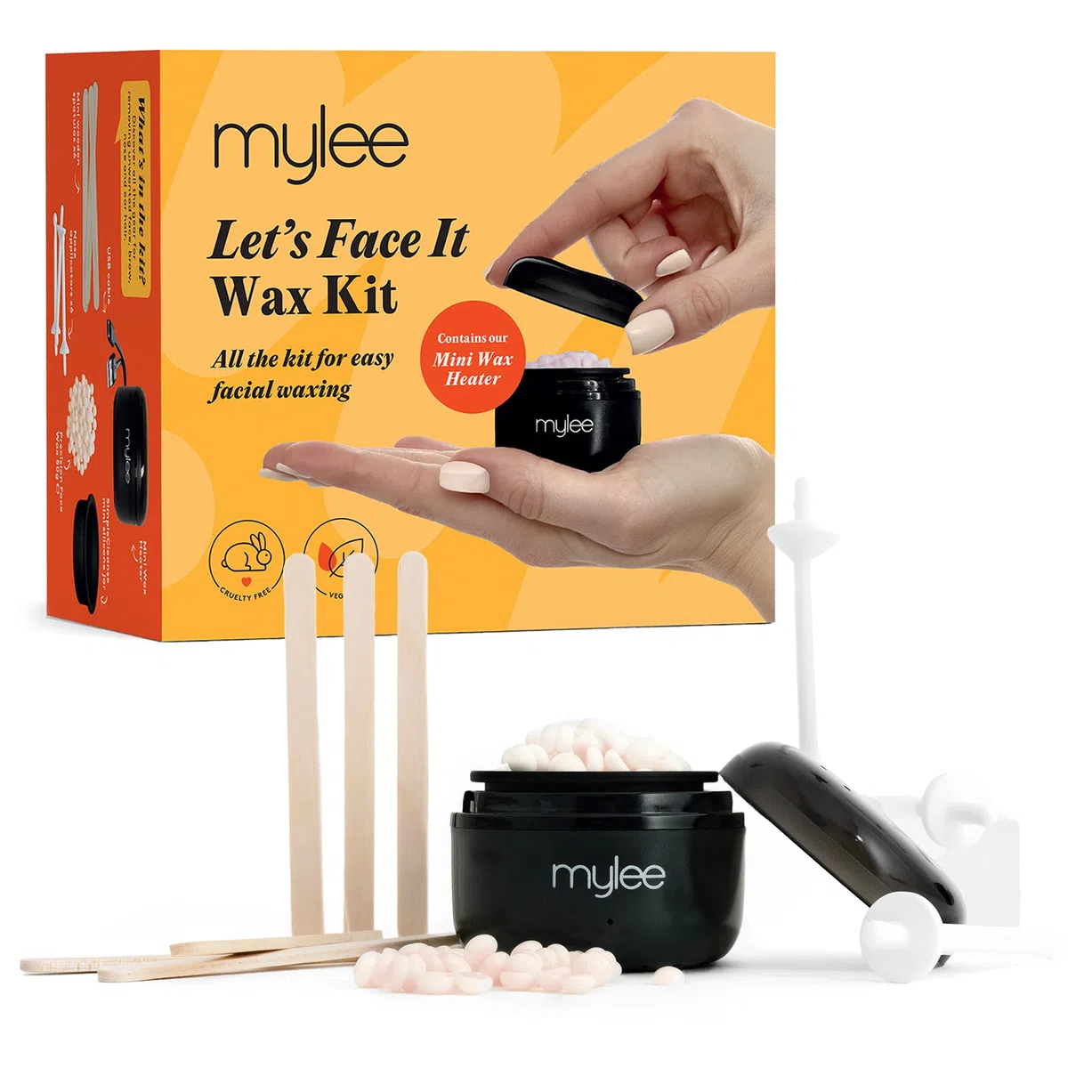 Mylee Kit de Cera Let's Face It - Kit de Depilación Facial con Mini Calentador Negro USB, Cera de Precisión 50g (Melocotón y Manzanilla), Espátulas de Cera, Aplicadores de Cera para Oídos y Nariz