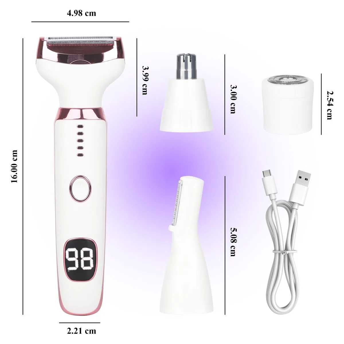 Afeitadora Eléctrica para Mujer con Pantalla LED, Afeitadora Femenina IPX7 Impermeable Uso Húmedo y Seco, Kit de Cuidado Eléctrico 4 en 1 Inalámbrico para Bikini, Rostro (Rosa)