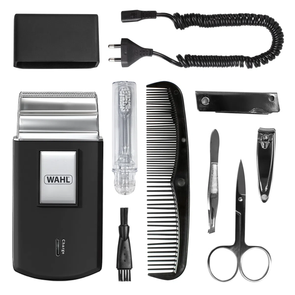 Wahl Travel Shaver Kit, Recargable, Lámina Flexible, Incluye Cepillo de Dientes, Lima de Uñas, Tijeras de Uñas, Pinzas, Peine, Sin Arañazos, Perfecto para Viajar, Pequeño, Estuche de Viaje, Plata